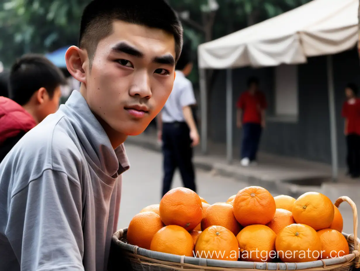 眉毛很粗的中国男初中生在推销橘子