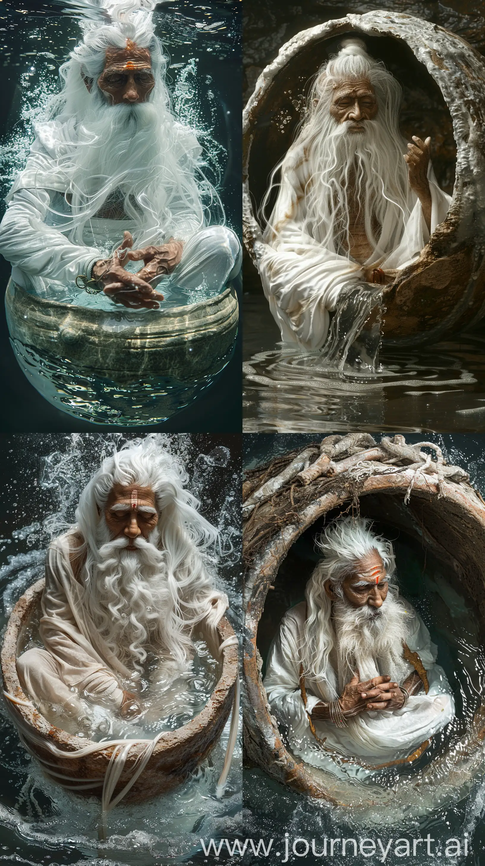 Realistic image depicting a shrunken elderly Indian sage with white long hair and beard in white attire inside a small water vessel, submerged in the water inside the vessel, intricate details, high resolution image, zoomed out image --s 200 --ar 9:16 --v 6