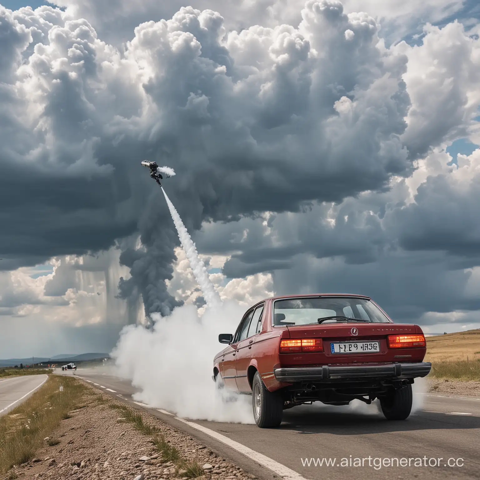 Машина, едет по облакам, стреляет ракетами из выхлопной трубы