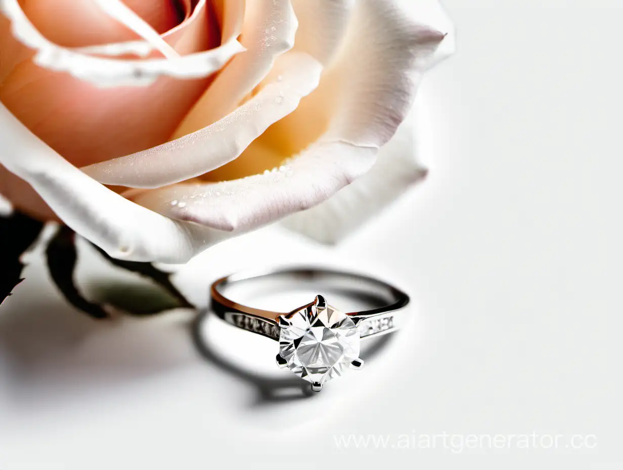Обручальное кольцо и роза, лежащие на белом фоне