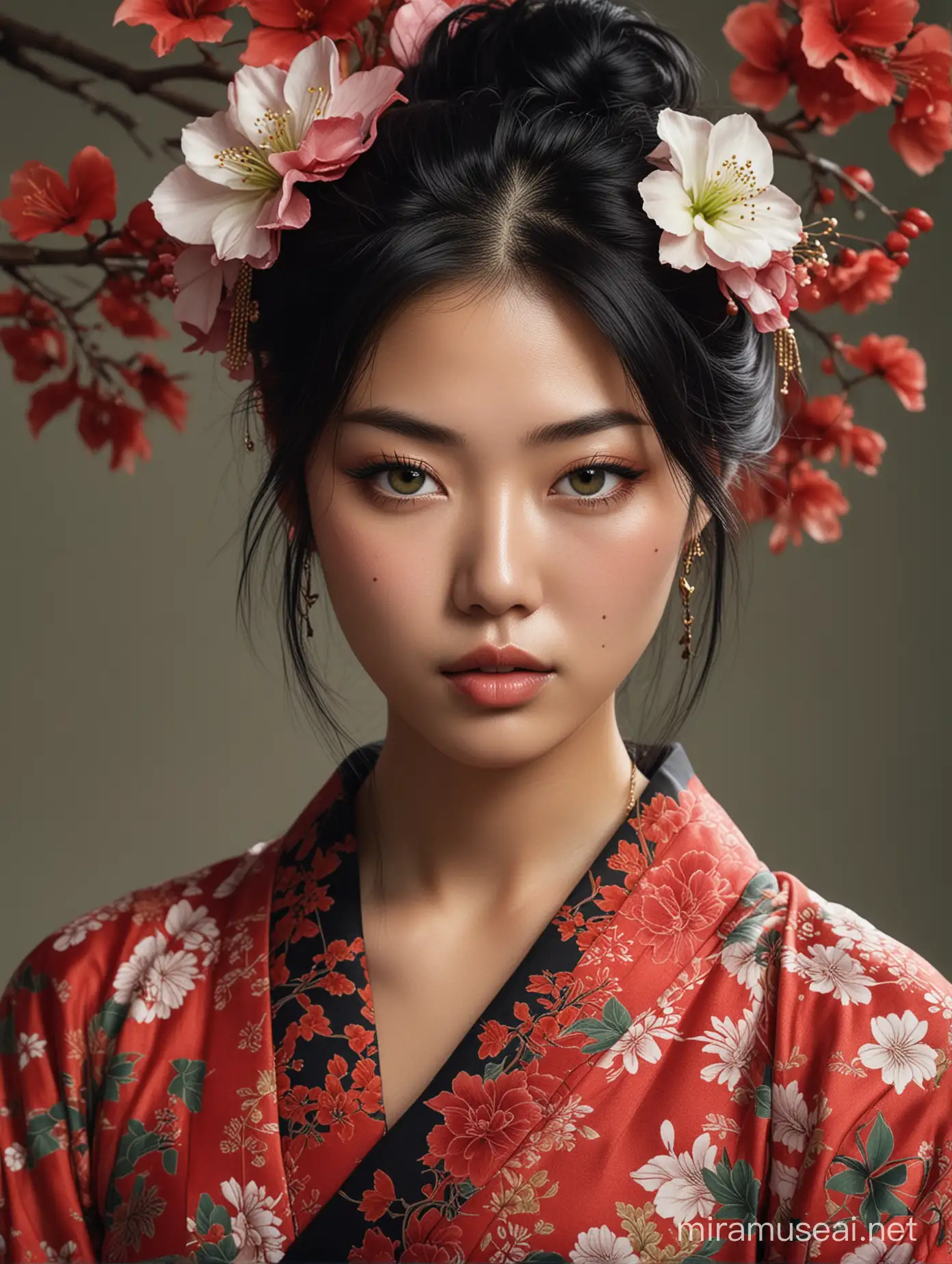Create the highest detailed photorealistic digital portrait of a young, beautiful and bold woman, who is 20% Korean and Japanese. He has piercing green eyes, a nose ring, and striking facial tattoos. Her black hair, dyed with hints of green, was styled in a messy, carefree manner, partially covering her face. She wears a red kimono decorated with white floral patterns, contrasting with her skin decorated with elegant, monochromatic tattoos. The kimono was draped casually, revealing a delicate gold chain around her neck. The background is a simple, soft-focus texture that highlights the sharpness of her features and the vivid colors of her clothes. His expression was calm yet powerful, captivating the audience.