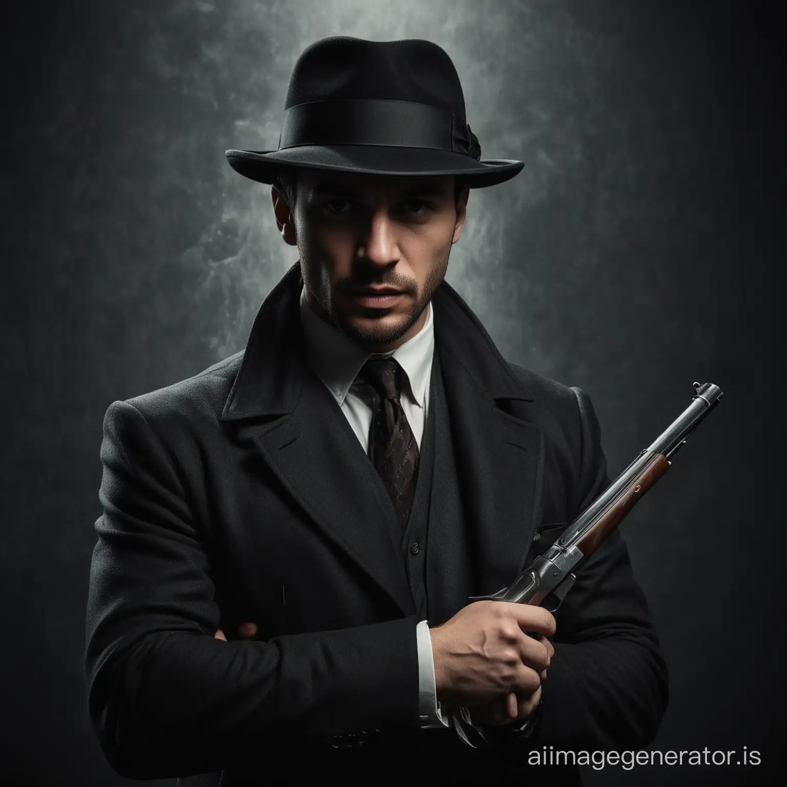 Mafia one man in a hat with a weapon city man brunet on a dark background time 1930 year