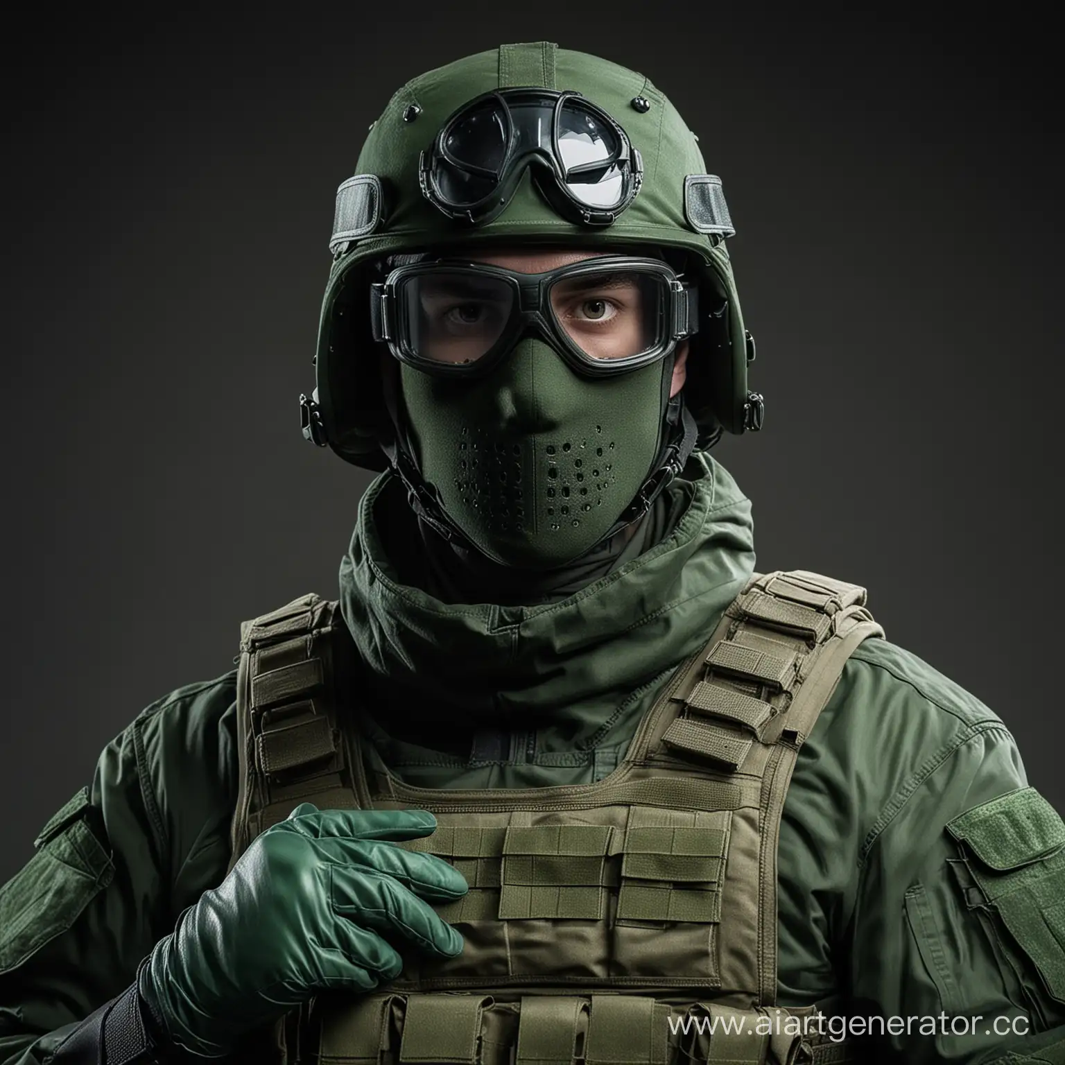 Russian soldier dressed in a dark green tactical vest and green gloves, and his military uniform is green, a green helmet and a dark mask covering his entire face, and green tactical protective ballistic goggle.