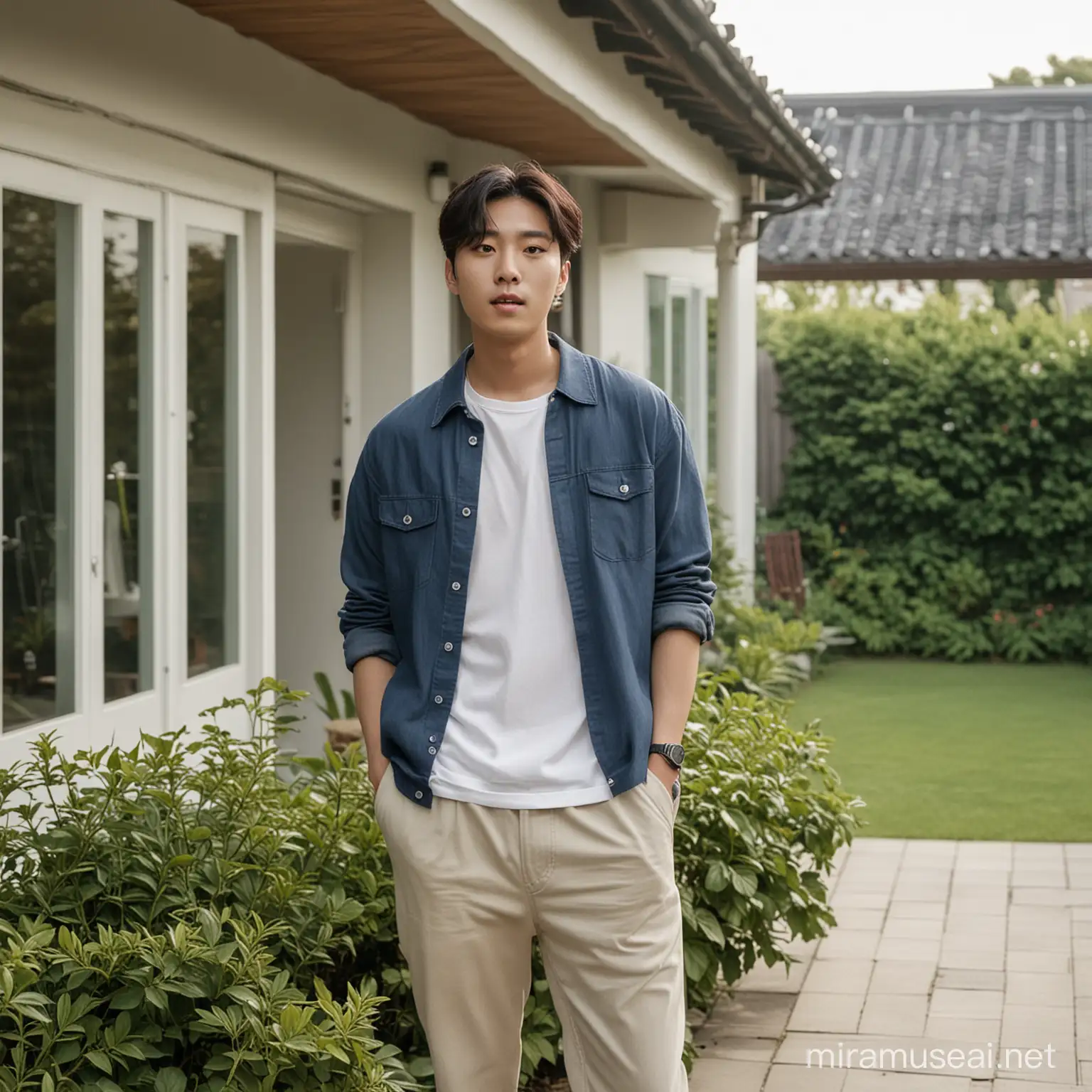 Young Korean Man in Casual Clothing Standing Outside a House with a Garden View