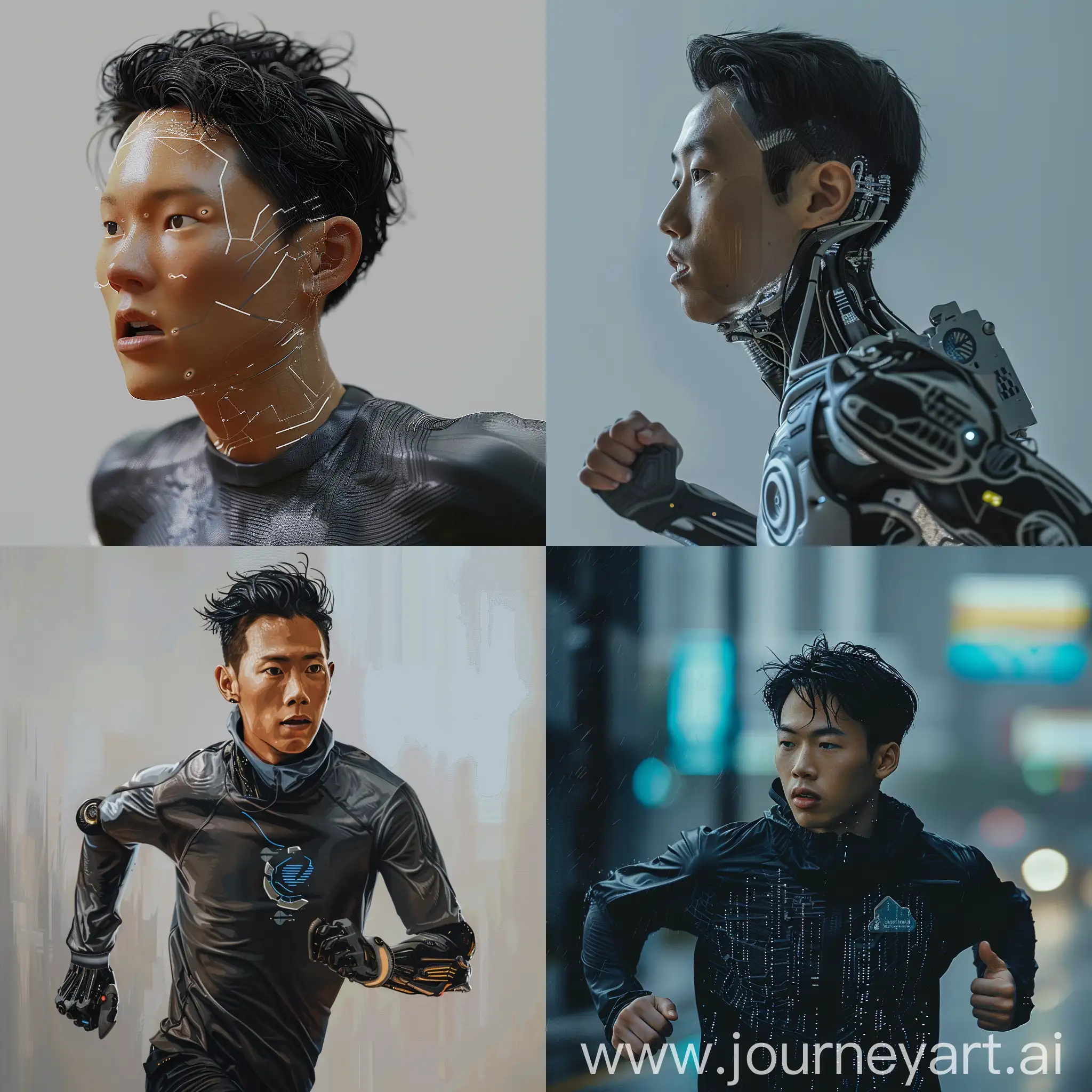 An artificial intelligence, running, asian male face