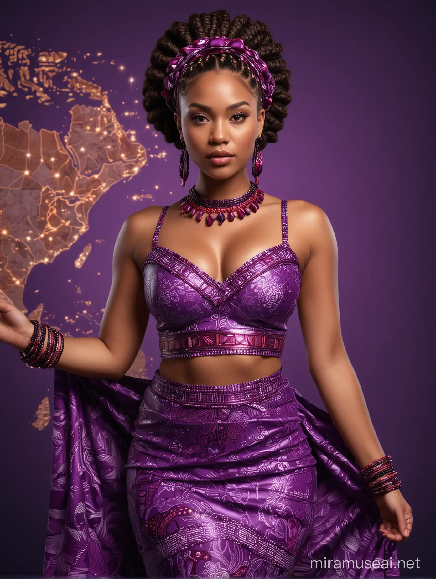 full HD hyper realistic illustration of a beautiful carribean light skin mixed race lady, dressed in a purple native two piece ankara wrapper, with a native corn row plaited hair, wearing a native make up on her face,with red native beads on her neck, wrists and ankles. Carrying a glowing african map on her hands in a midnight background. candid celebrity shots, uhd image, natural beauty --ar 69:128 --s 750 --v 5. 2