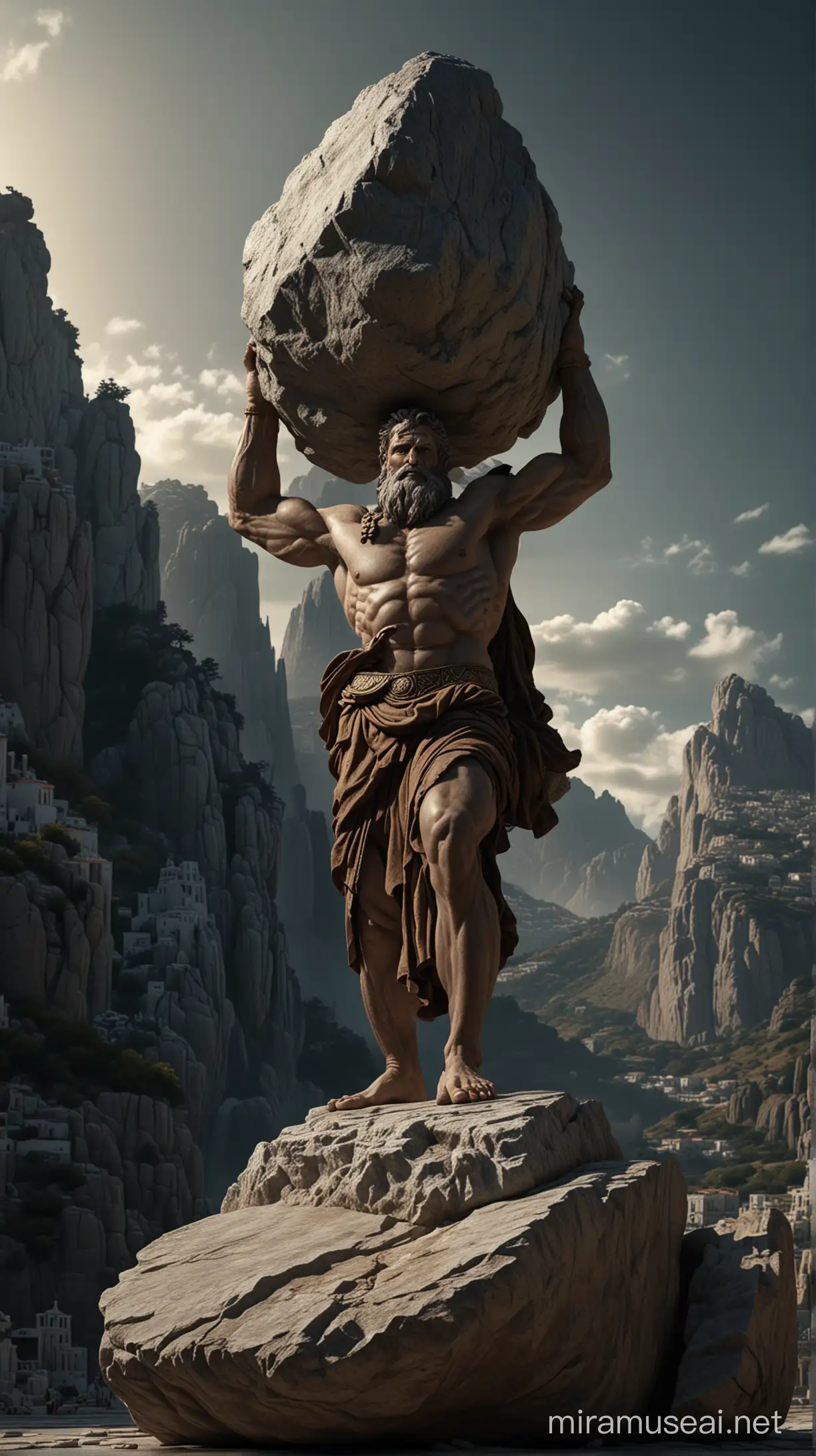 Hyperrealistic 8K cinematic, God Atlas carrying a giant rock on his shoulders, holding it with his arms up, leaning almost on his knees, supporting the weight, exerting force, on a marble podium, Greece in the background, dark background, Greek mythology, colossal, illuminated by a radiant, ultra-detailed light, it is characterized by its extraordinary physical attributes and its imposing presence.
