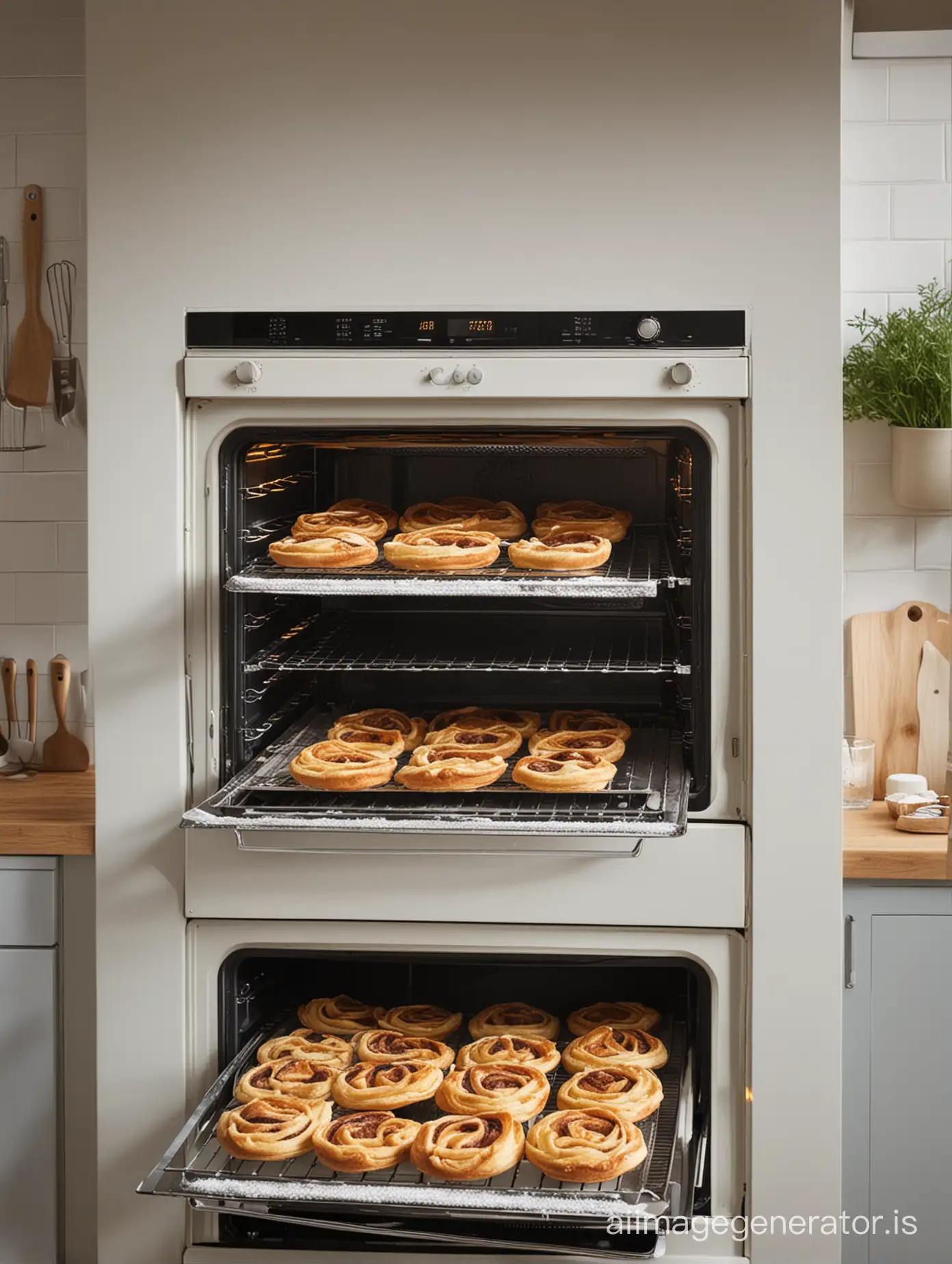 I need a photo of a large oven in a kitchen if possible. With pastry accessories on the table.
