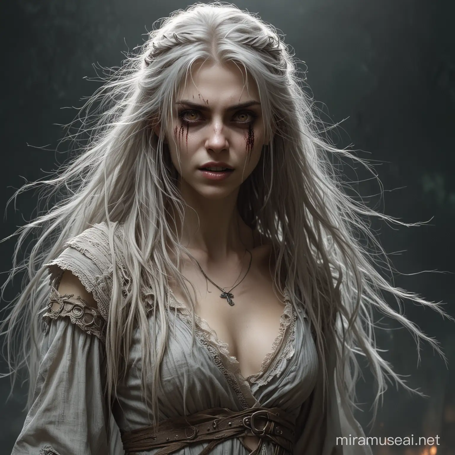 striga or ghoul or vampire, a character from the book The Witcher, an enchanted princess, a teenage girl in the form of a monster, almost naked, covered with tattered dresses, long, tangled and dirty hair, big eyes like a cat, long teeth to tear people apart, long and sharp claws like knives
