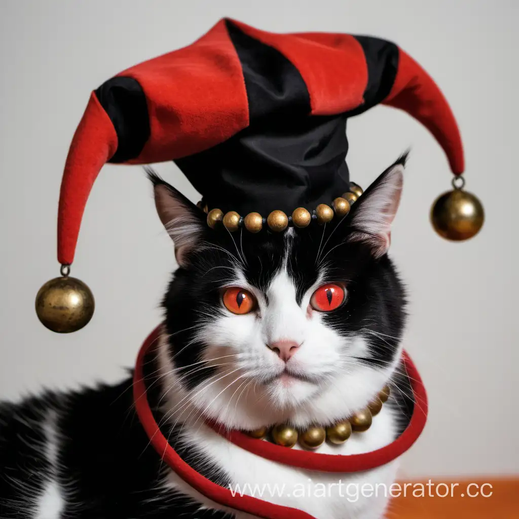 A cat in a black and red large jester's cap with several round bells on his head