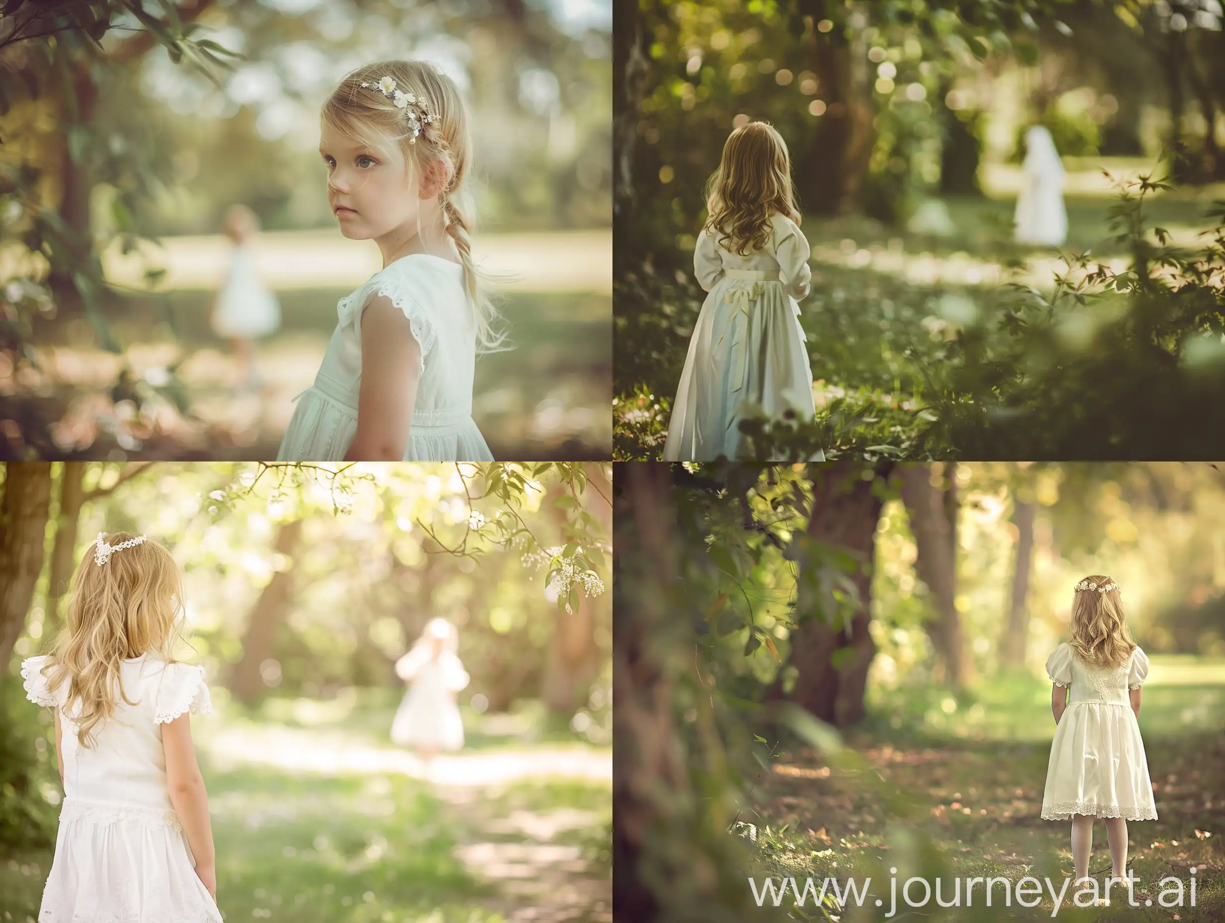 create a photo of a child, first communion, dressed in an alba, a girl standing in the distance, in a park, natural photo, blond hair, pastel clolor, soft  