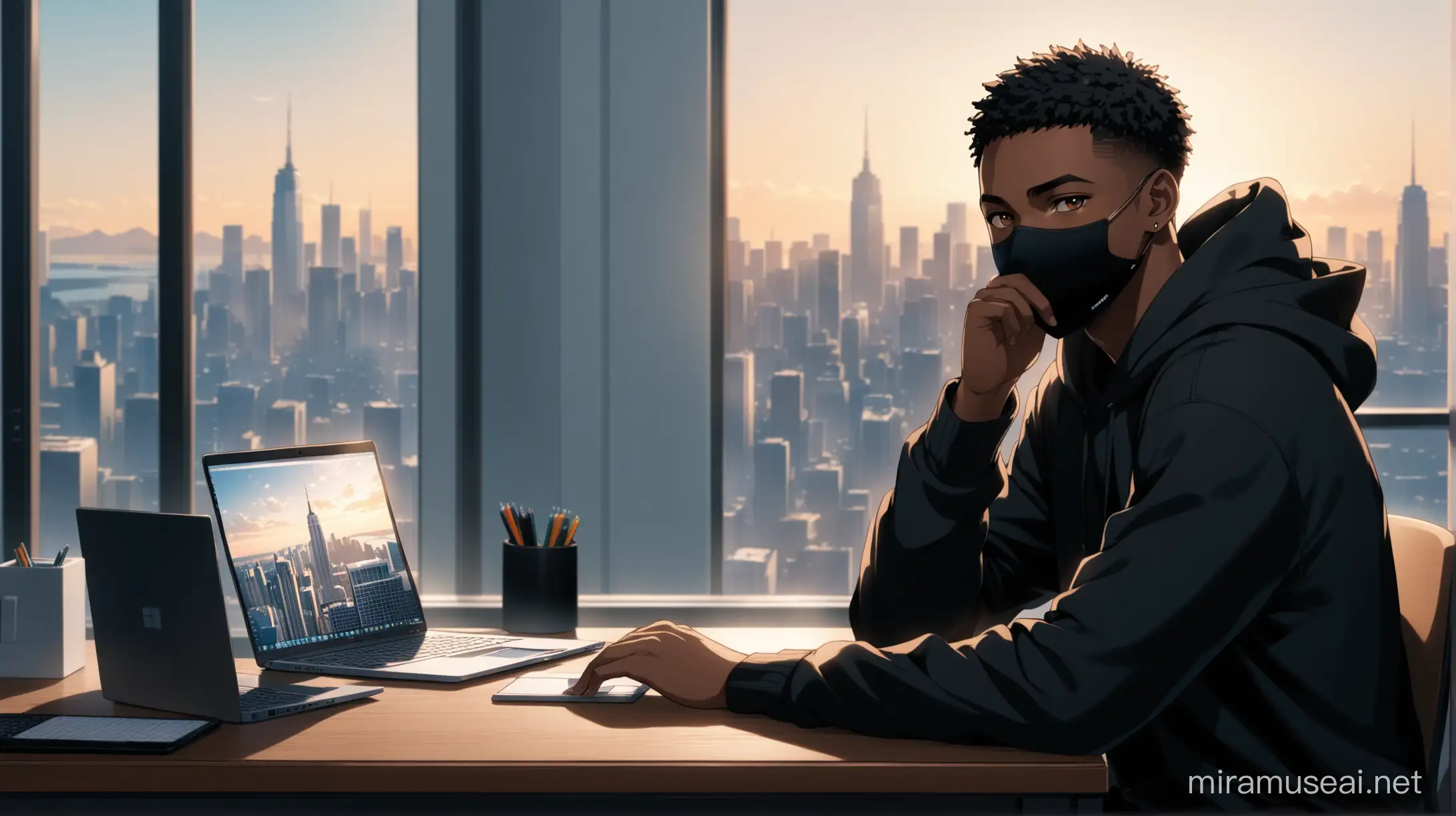 An animated avatar of a young black man who is sitting at his work desk in his apartment. He's wearing a black hoodie and a mask over his mouth. There's a laptop on the desk and you can see the city view behind. He is also facing the direction of the camera. High quality. Cinematic 