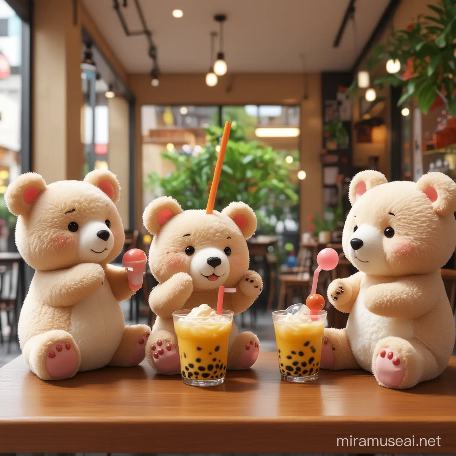 3d Some teddies drinking bubble tea at a cafe called tmochi