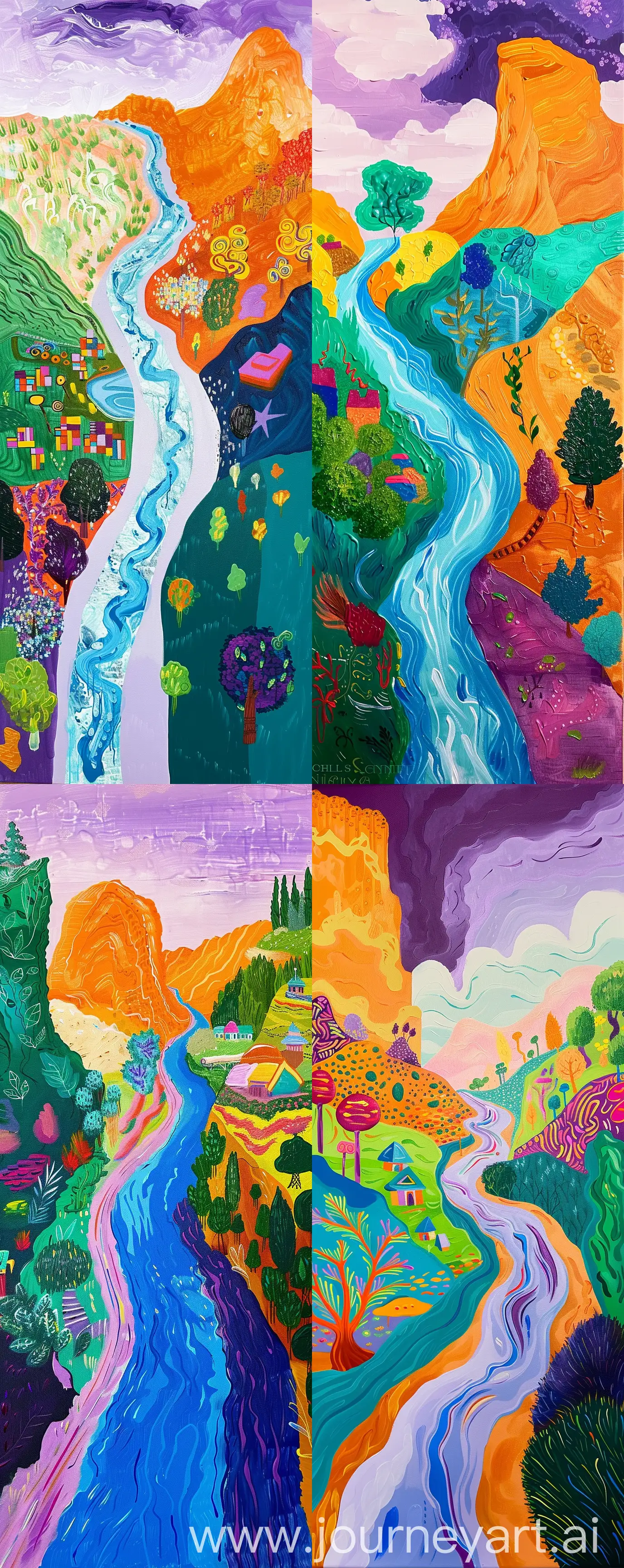 Whimsical-Landscape-Painting-Vibrant-River-Scene-with-Colorful-Village