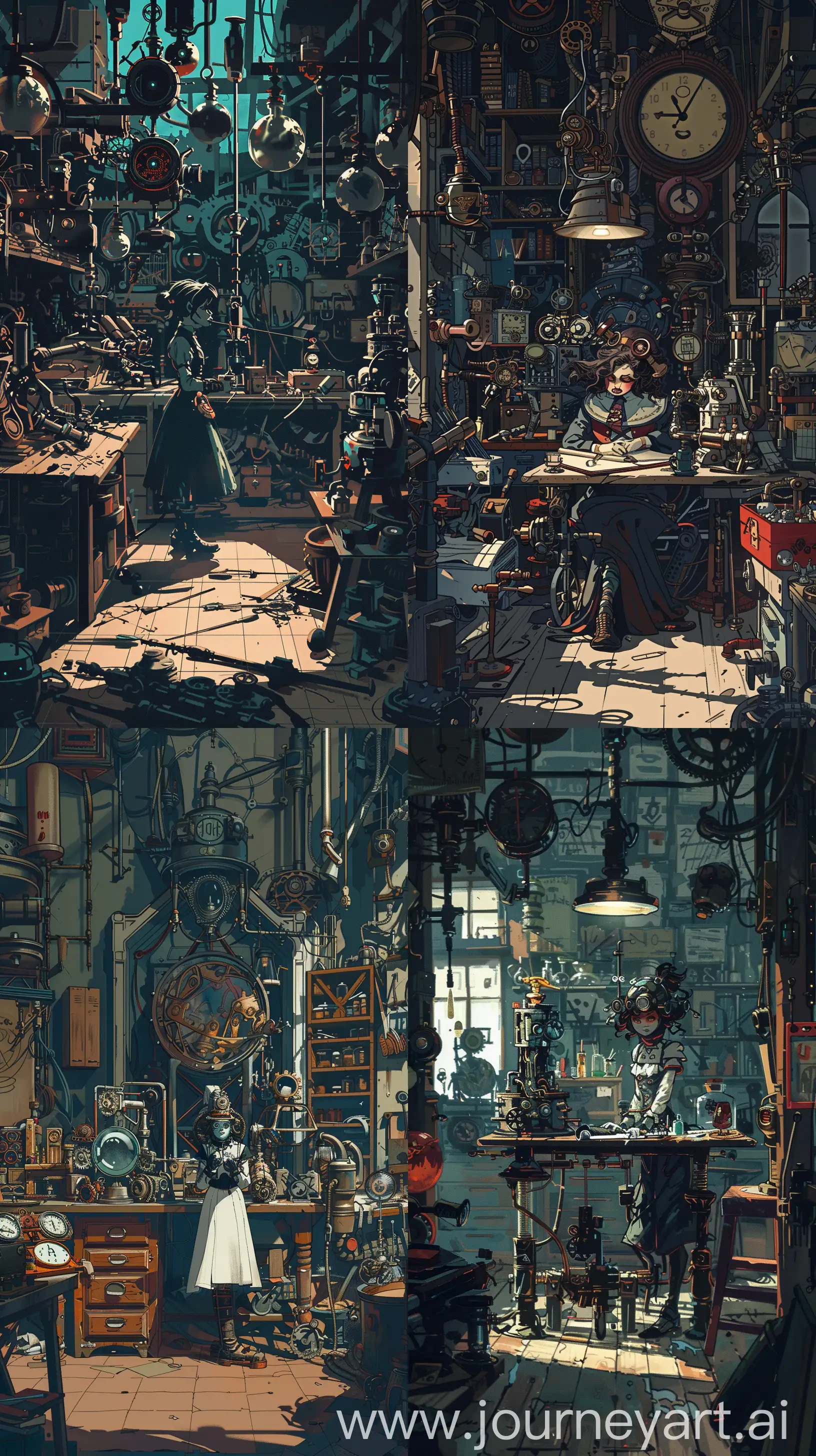  Depict a steampunk inventor in her workshop surrounded by quirky inventions and mechanical contraptions, rendered in Mignola's style. The character should have exaggerated proportions and the scene should be rich with intricate details in the shadows.,phone wallpaper 8k uhd Maximalist Details. --ar 9:16