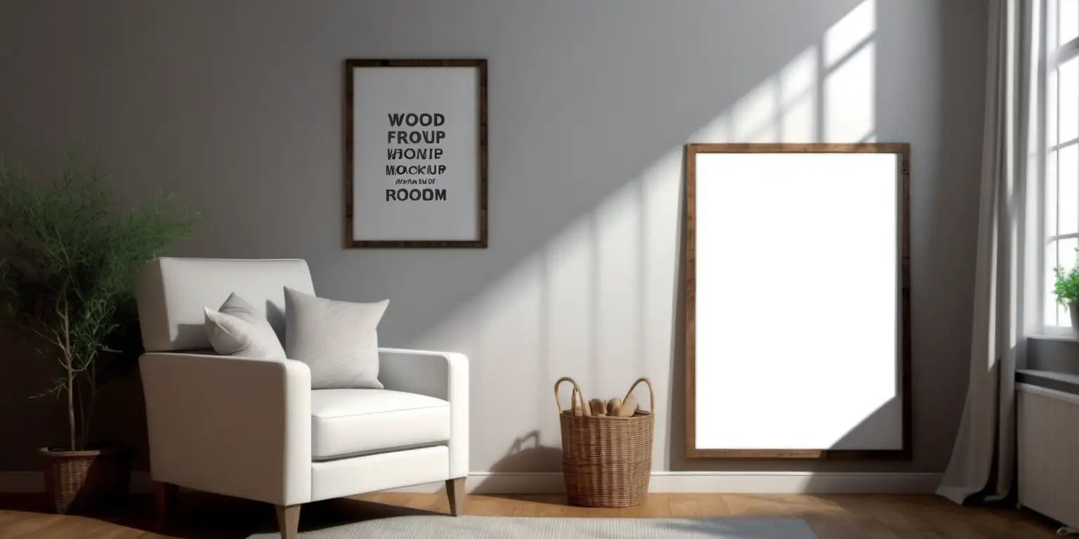 Cozy Farmhouse Style Living Room with Blank Wooden Poster Frame Mockup