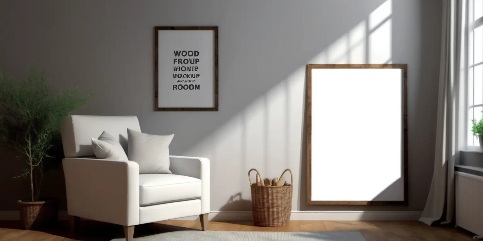 wooden poster white blank frame mockup, reflection, shadow overlay, cozy living room, farmhouse stlyle, warm room, 4K, exclude random objects,