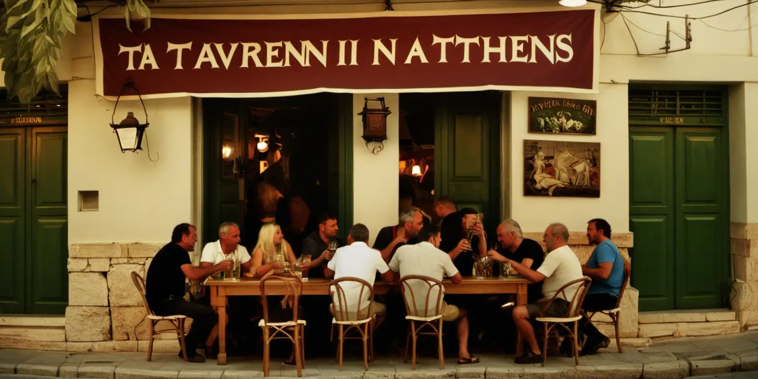 Lively Athenian Pub Scene Joyful Gathering with Drinks and Revelry