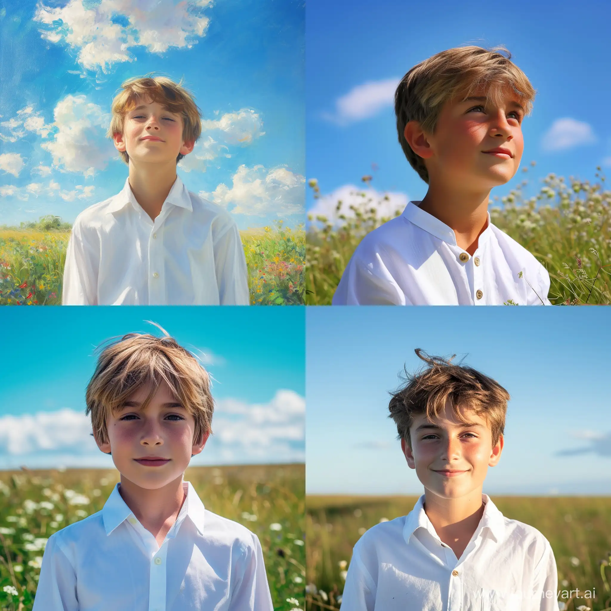 Vibrant-Youth-in-MonetInspired-Landscape-Clean-and-Handsome-Boy-Amidst-Sunny-Grassland