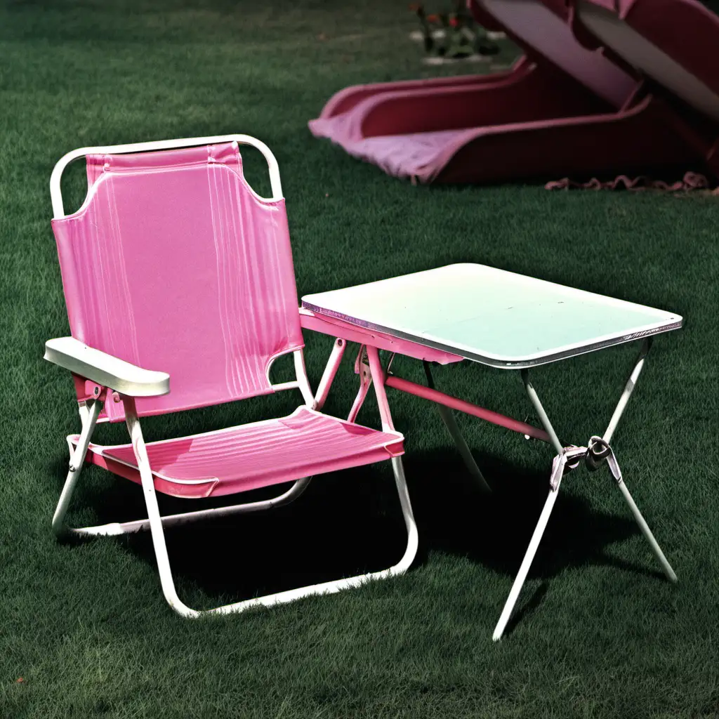 pink 70's lawn chair with table next to it. 
