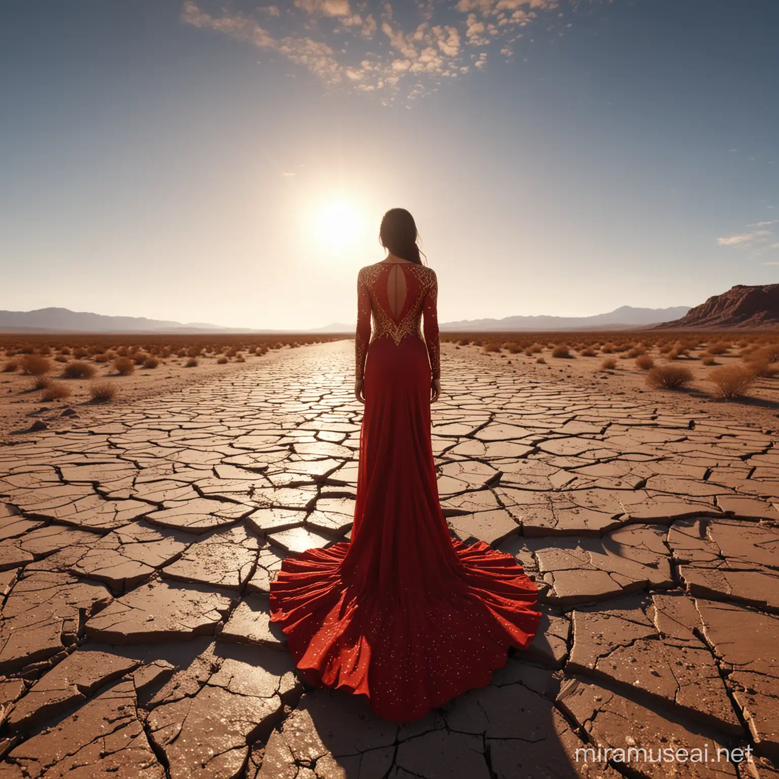 A woman with intricate golden red-dress is standing in a desert. She has no face. She is looking at the reflection of her face on a piece of sky that has fallen from the sky. Above her, the sky is cracked and pieces of it fallen to the ground. Cinematic, ambient lighting, dramatic and highly detailed.