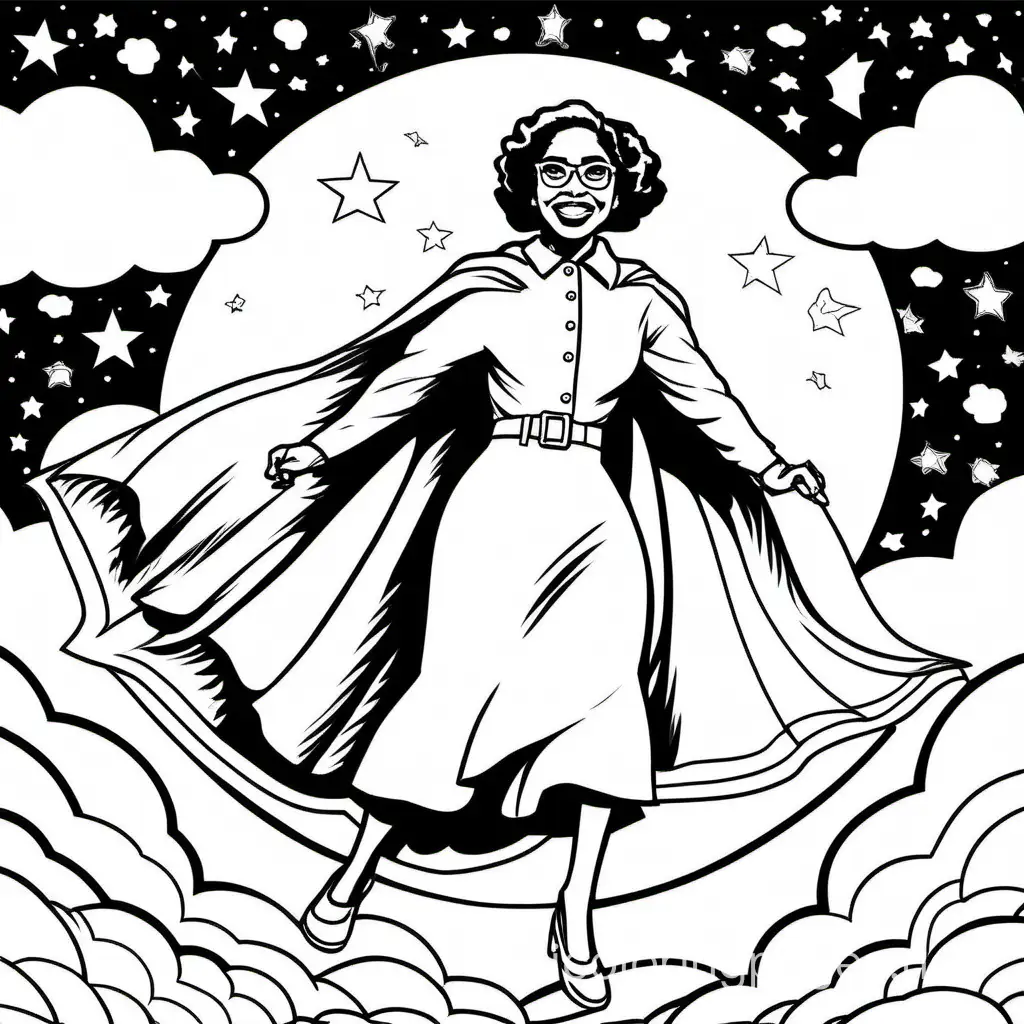 The coloring page depicts Rosa Parks wearing a superhero costume with a cape, flying gracefully through the sky with a determined expression on her face. She has her fist raised in a triumphant gesture, symbolizing her courage and resilience. The background can include clouds and stars to give it a whimsical feel., Coloring Page, black and white, line art, white background, Simplicity, Ample White Space. The background of the coloring page is plain white to make it easy for young children to color within the lines. The outlines of all the subjects are easy to distinguish, making it simple for kids to color without too much difficulty