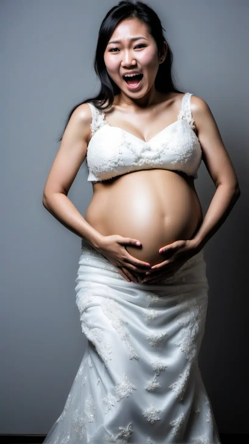 skinny Singaporean pregnant bride with belly growing in size. Bride have a very very very big belly. Very very large belly. very big tummy. very very very big tummy. bride is screaming. bride is holding her belly