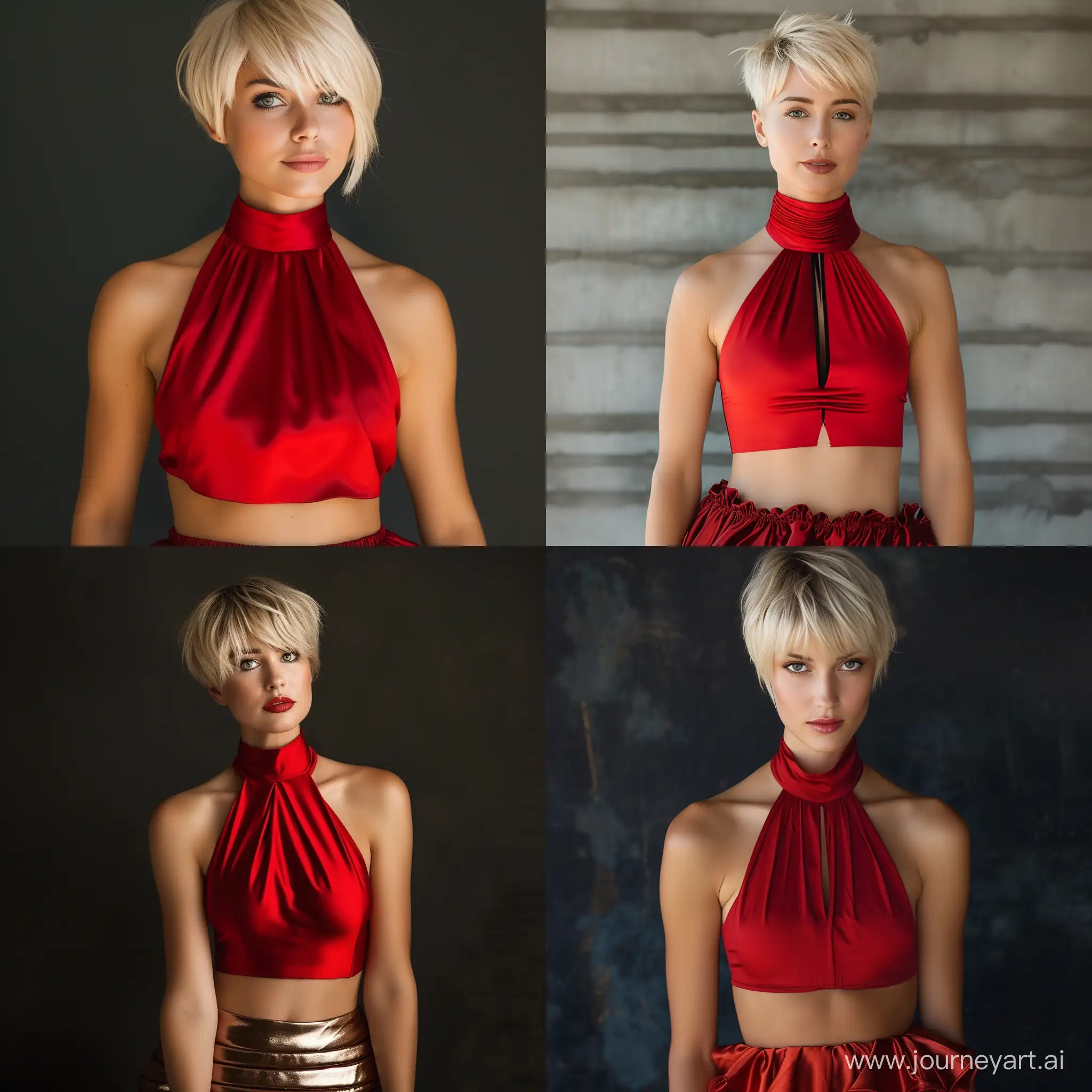 Fashionable-Blonde-Woman-in-Red-Halter-Neck-and-Satin-Mini-Skirt