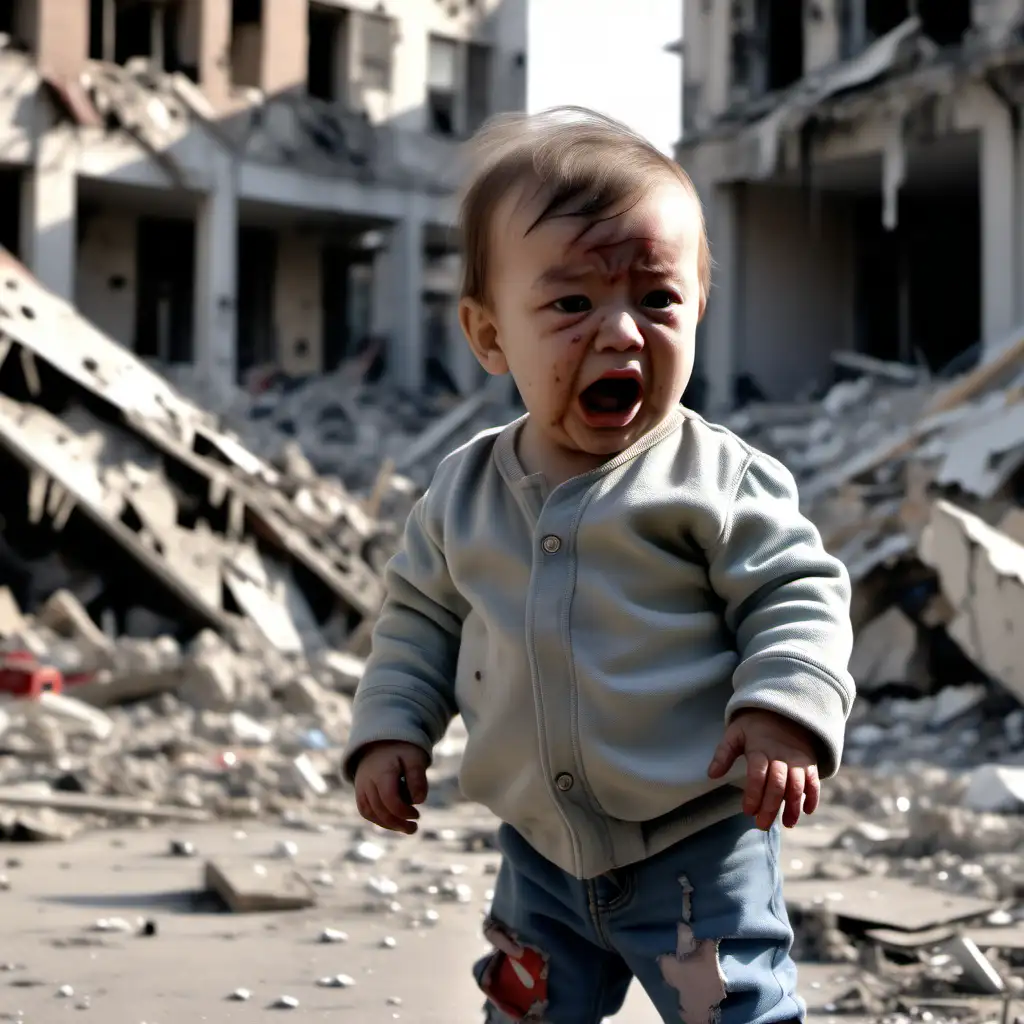 OneYearOld Child Crying Amidst Ruins with Broken Toy
