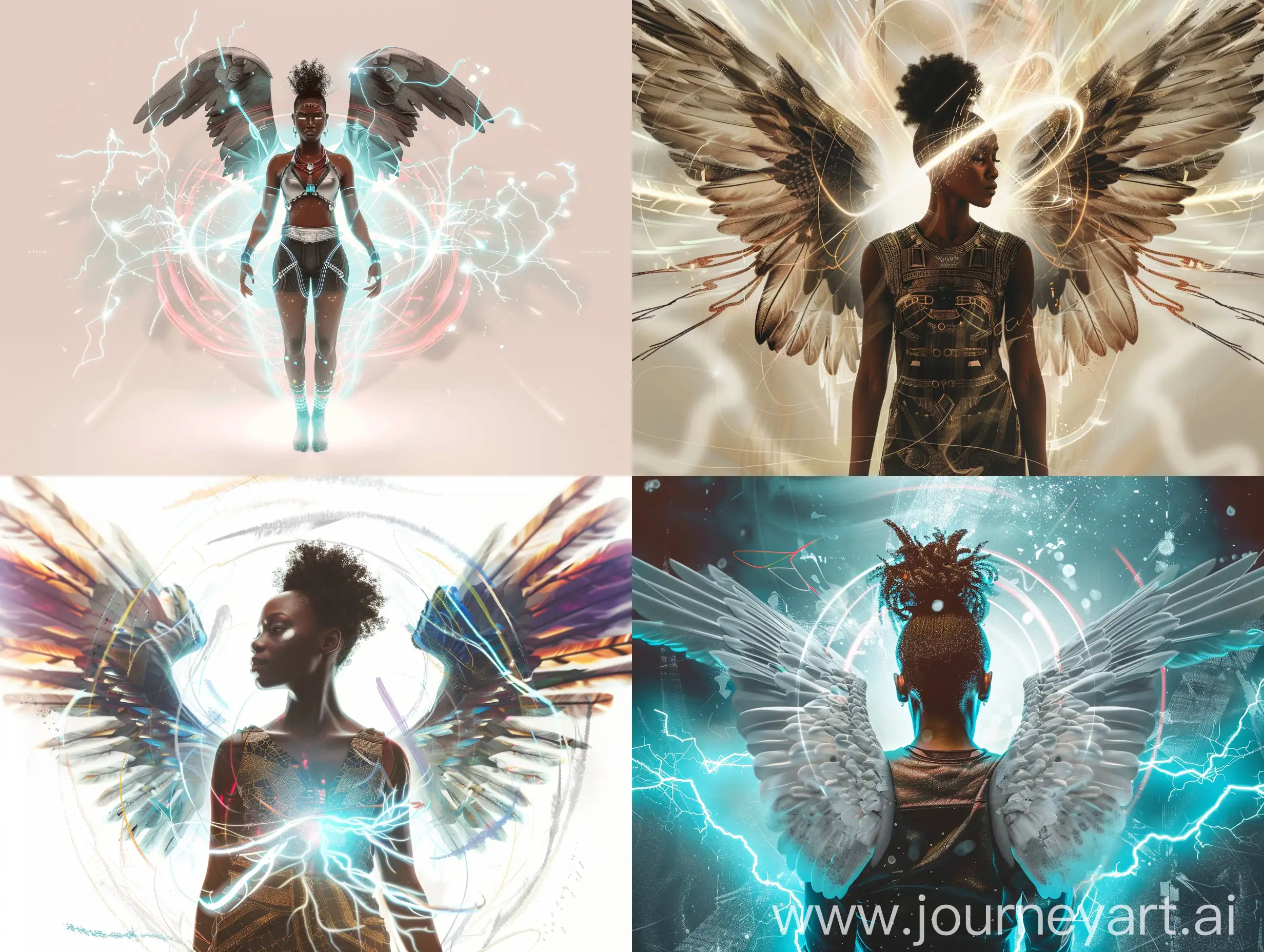 front view of a futuristic sexy African American shaman woman with angel wings coming out of her back and magnetic energy waves surrounding  her body.
