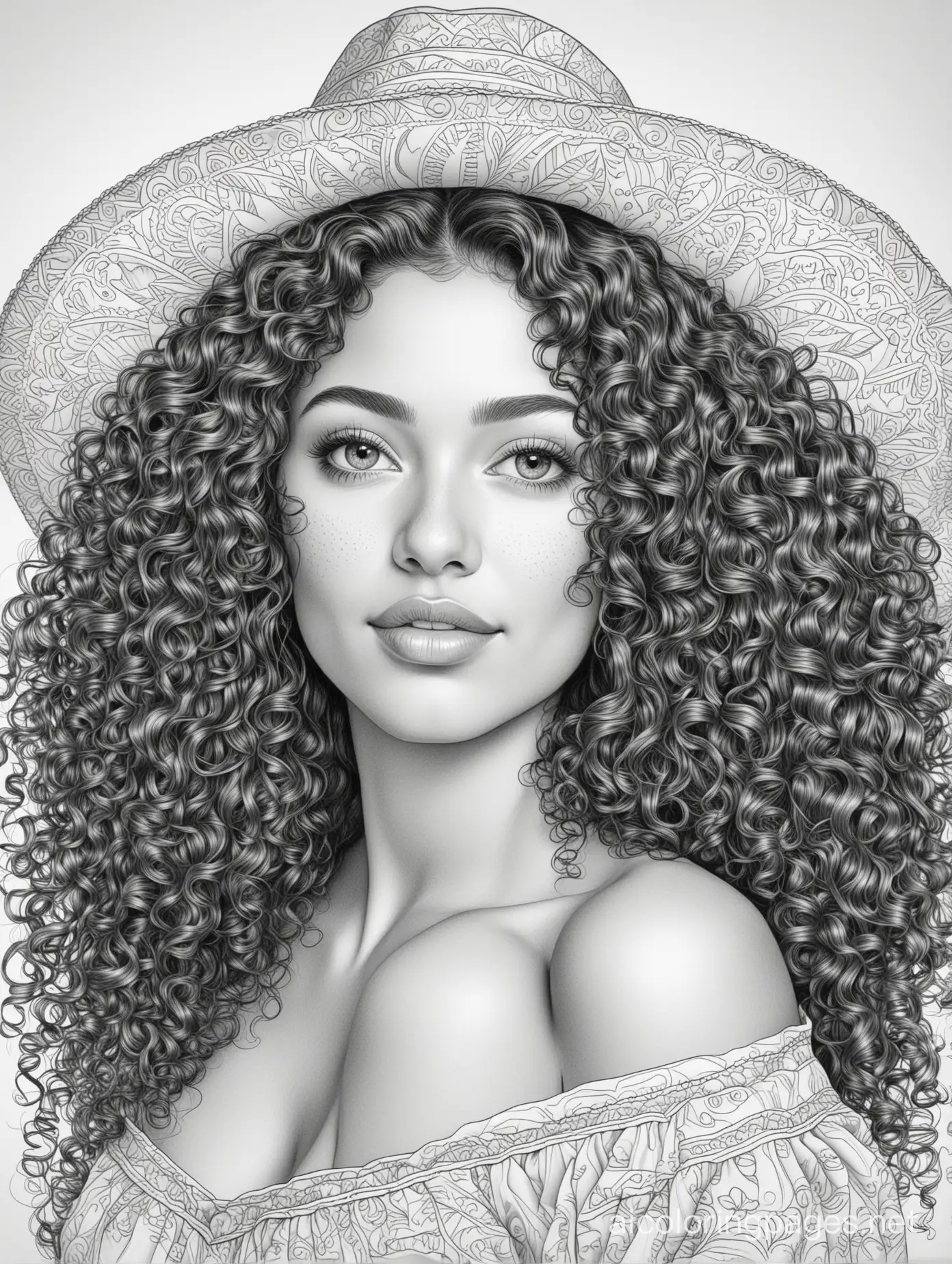 Beautiful Mexican woman with curly hair, Coloring Page, black and white, line art, white background, Simplicity, Ample White Space. The background of the coloring page is plain white to make it easy for young children to color within the lines. The outlines of all the subjects are easy to distinguish, making it simple for kids to color without too much difficulty