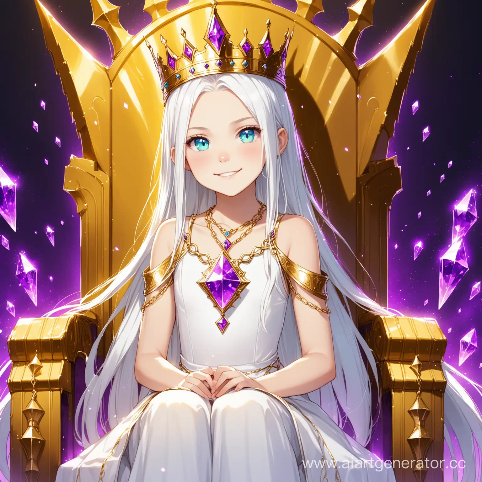 Enigmatic-Teen-Queen-on-Golden-Throne-with-Turquoise-Eyes-and-Violet-Crystal-Necklace