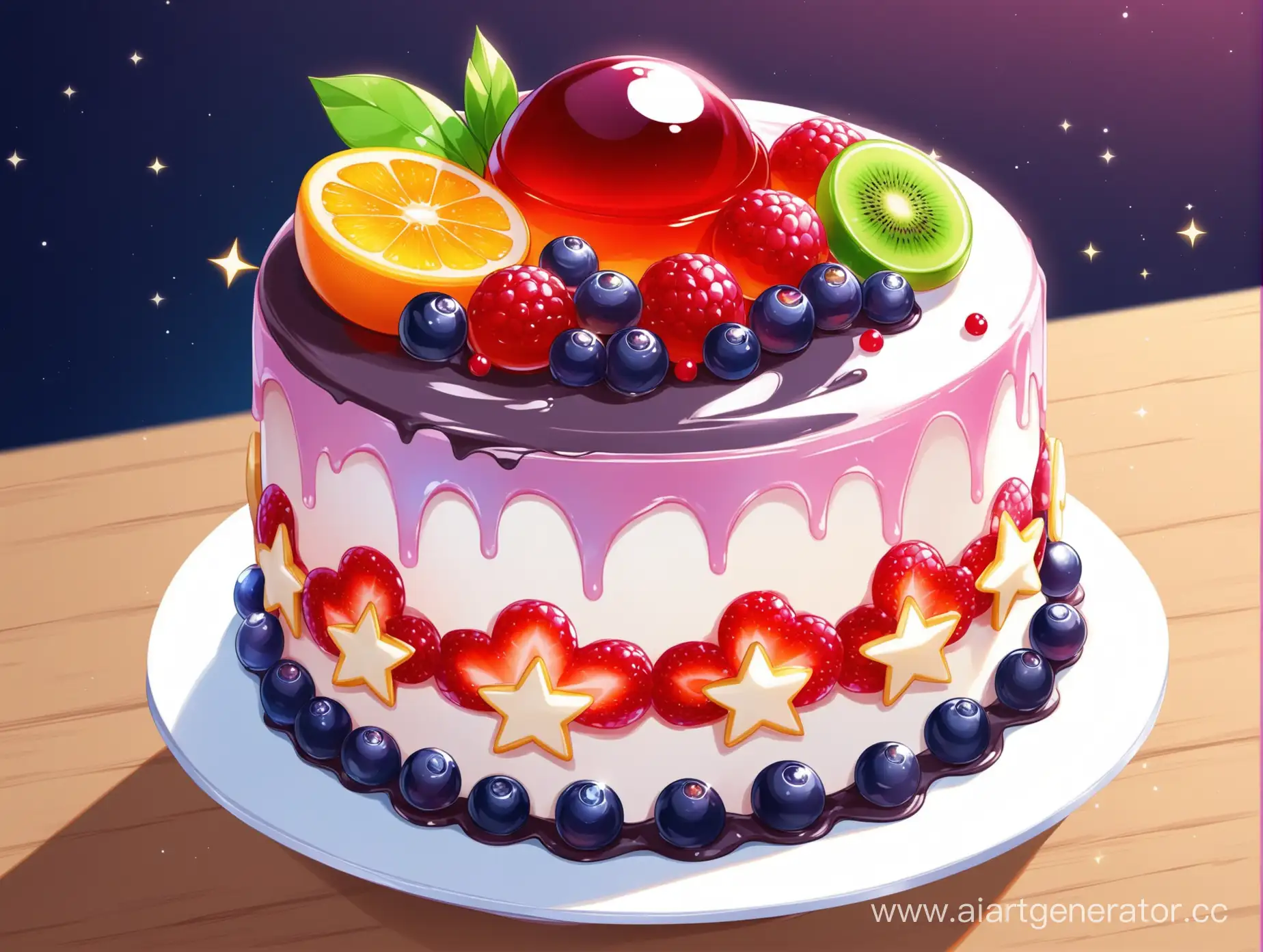 Красивый торт с желе и фруктами в стиле honkai star rail аниме