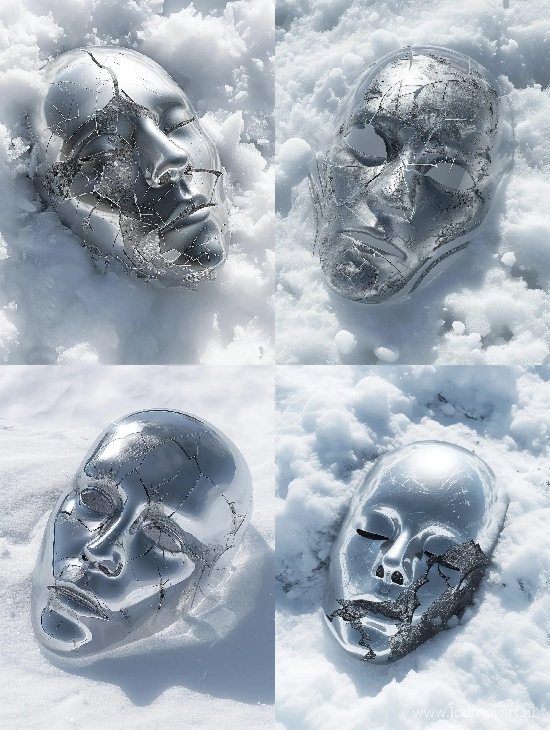 music album cover, clear art, silver si fi mask lies in the snow, cracked, darksouls style