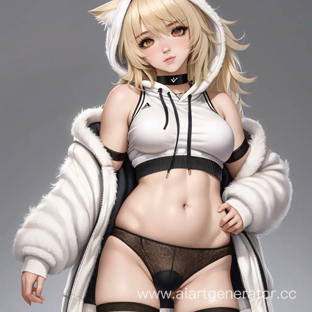 (masterpiece), (best quality), (expressive eyes), (Femboy), (petite), (slim waist), (slim feminine tummy), (wide hips), (plump thighs), (thick ass), (platilnum blonde shoulder length messy fluffy hair), (brown eyes), (pale skin), (cute feminine face), (black choker), (white hoodie), (black thong), (black thigh high socks)