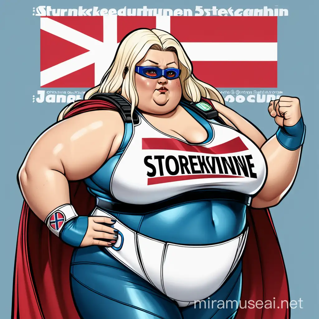 Fat obese futuristic female superhero with big nametag big text that says STOREKVINNE danish flag denmark cyberpunk flexing