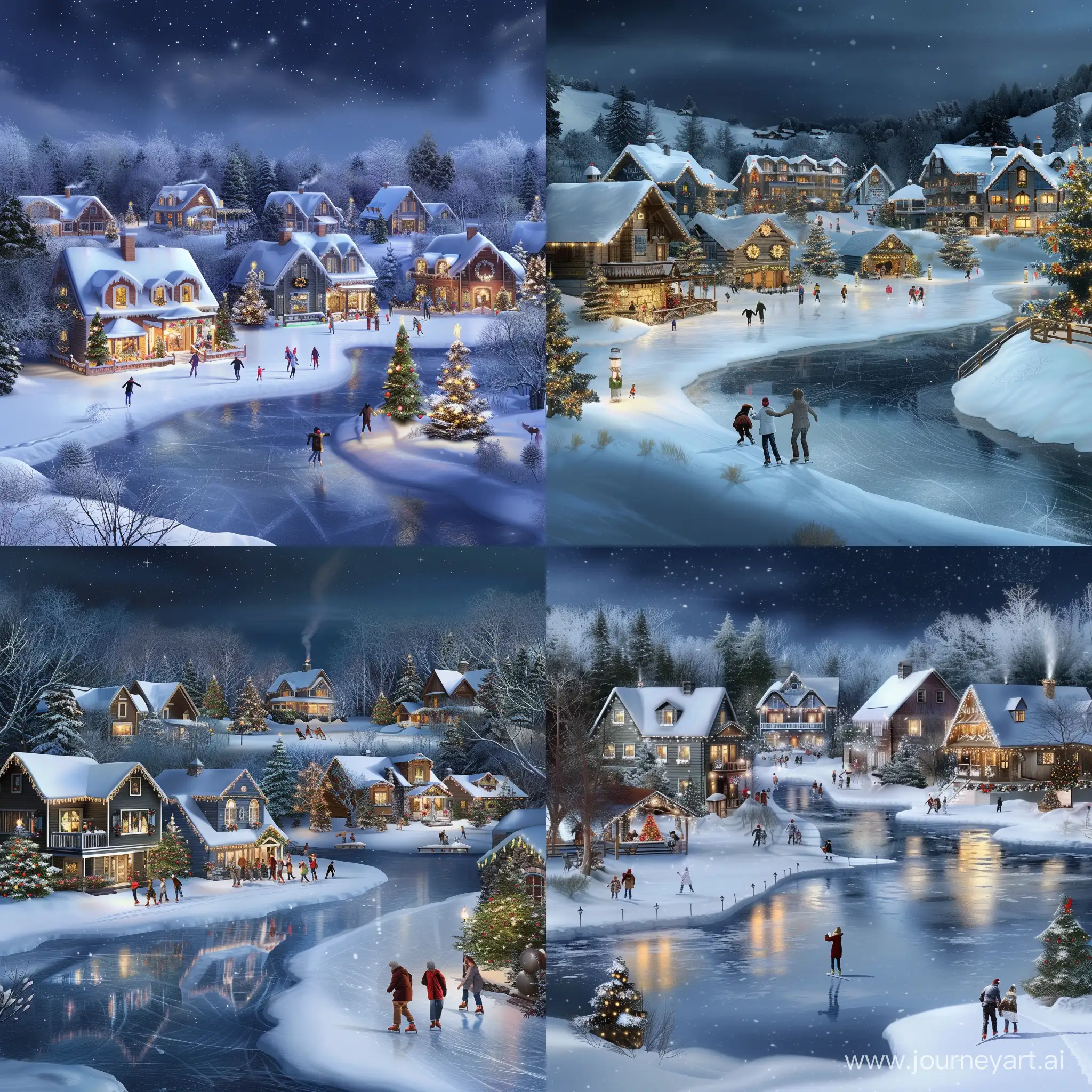  A beautiful winter village with snow-covered houses and a frozen lake where people are ice skating. The houses are decorated with lights and Christmas trees. The sky is dark and starry.
