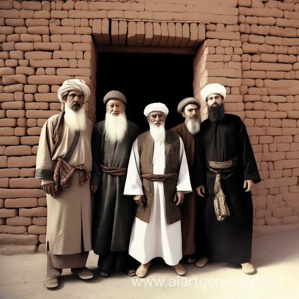 Наполовину монгол, наполовину туркмен в халате с двумя косами за ушами стоит рядом со старым мужчиной с бородой ,мусульманином, шейхом, иранцем, рядом иранское кирпичное здание