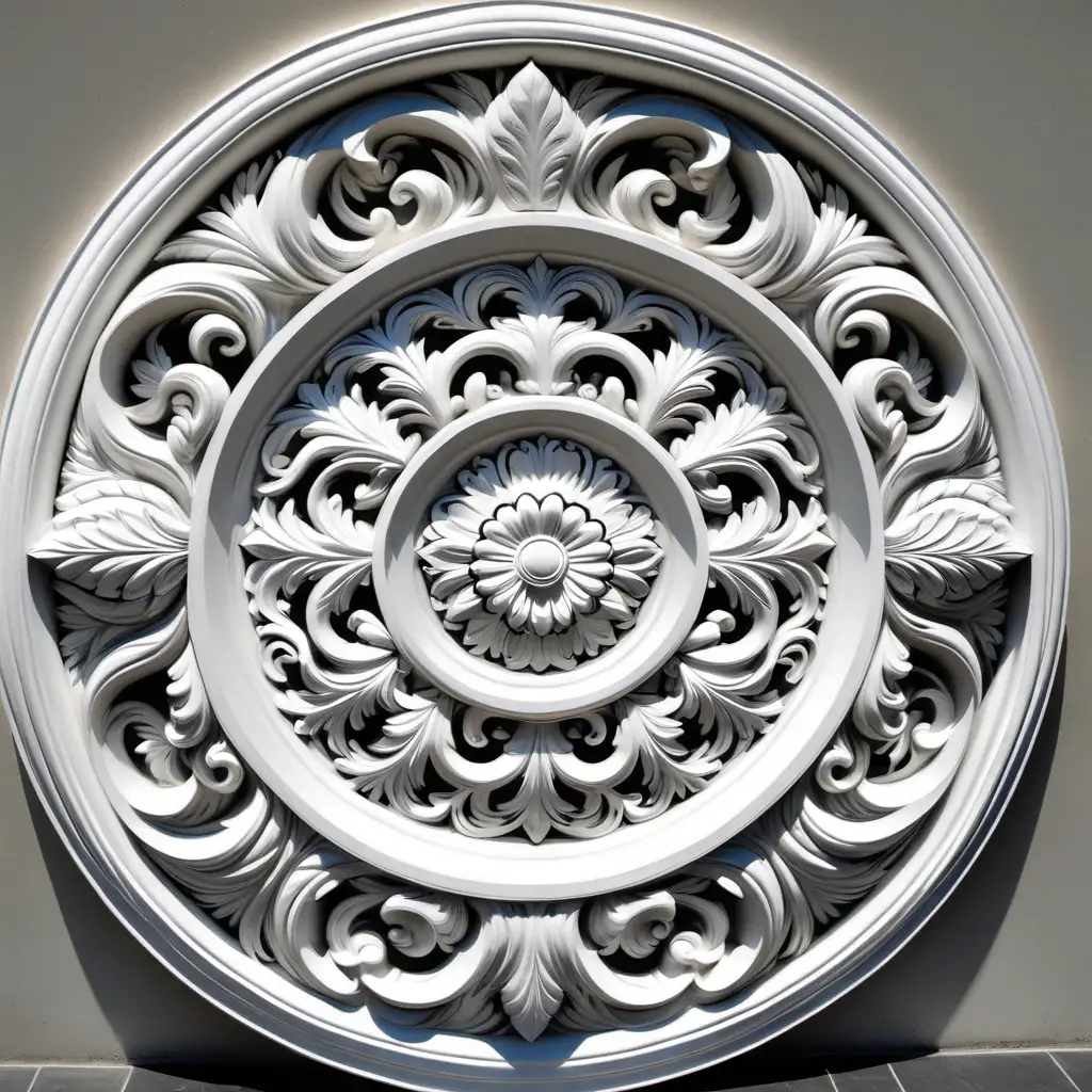 Intricate Round Wall Medallion with White Antique Finish Elegant Carved Wall Panels