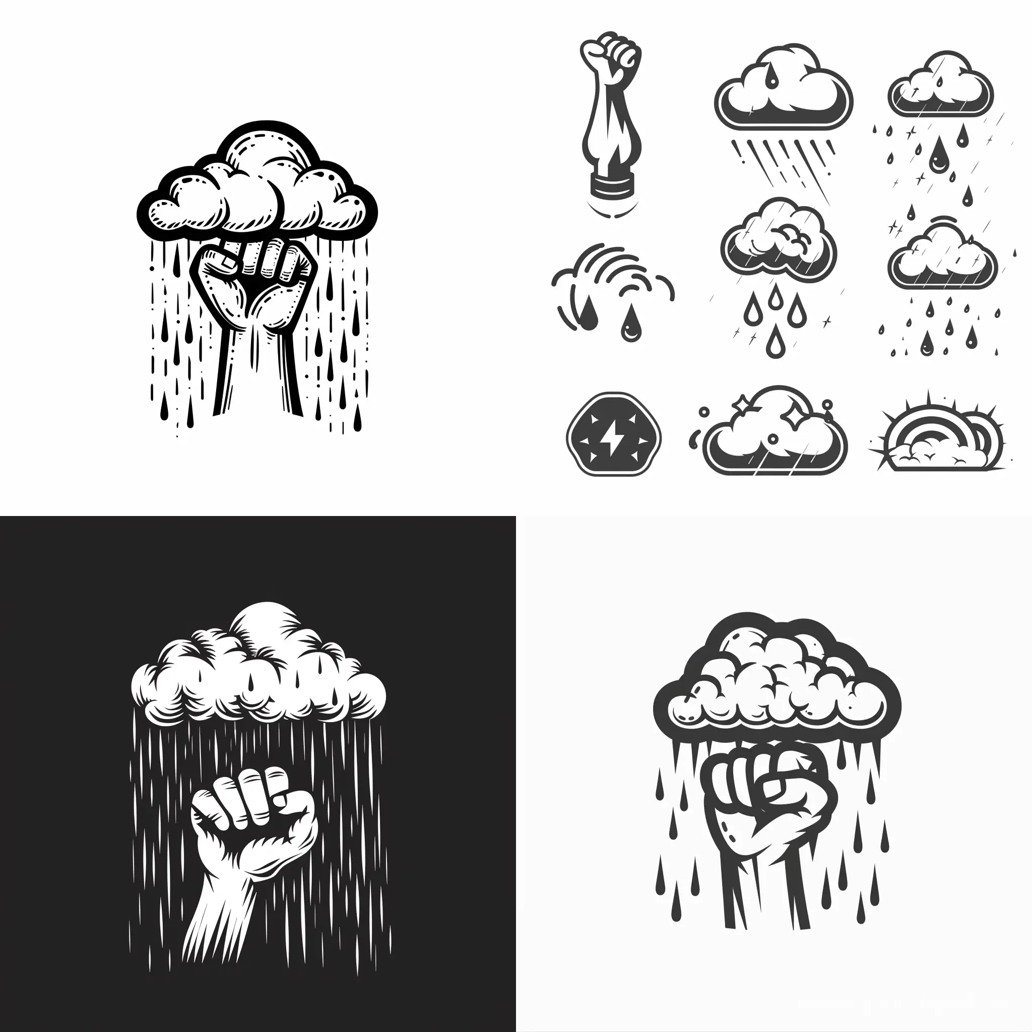set of icons, b/w logo, a fist presses on a cloud and it rains