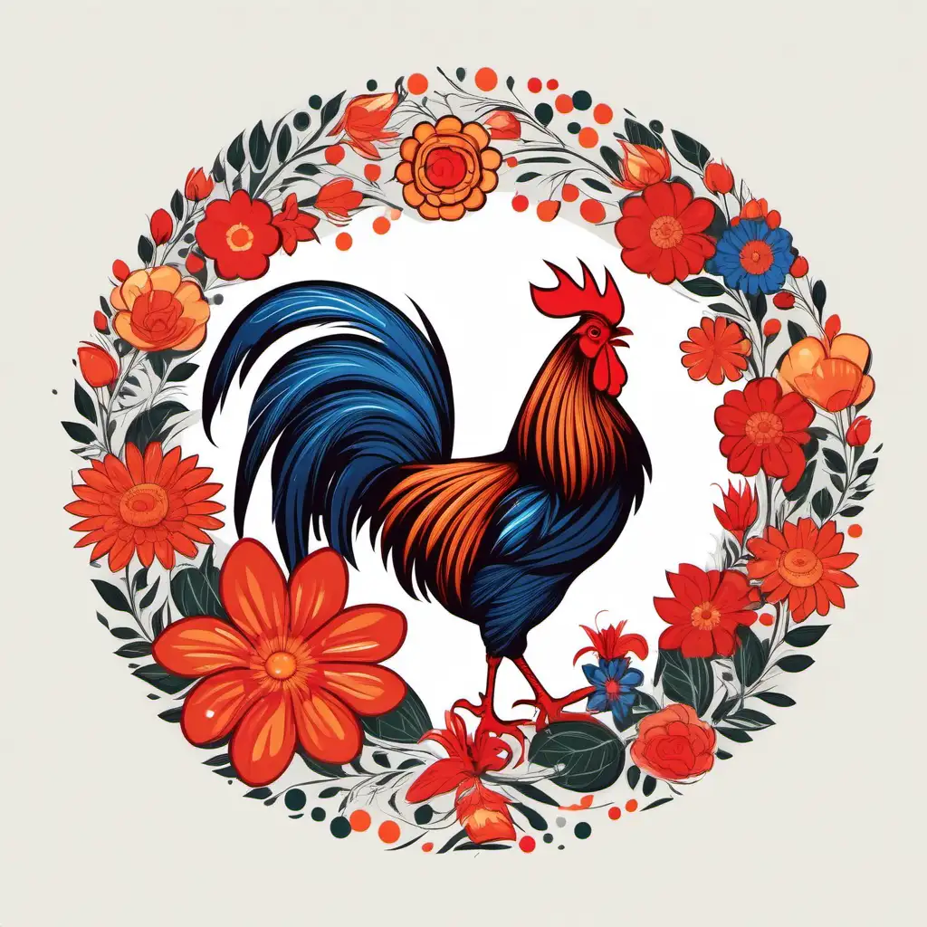 Floral Rooster Colorful Round Design with Flowers