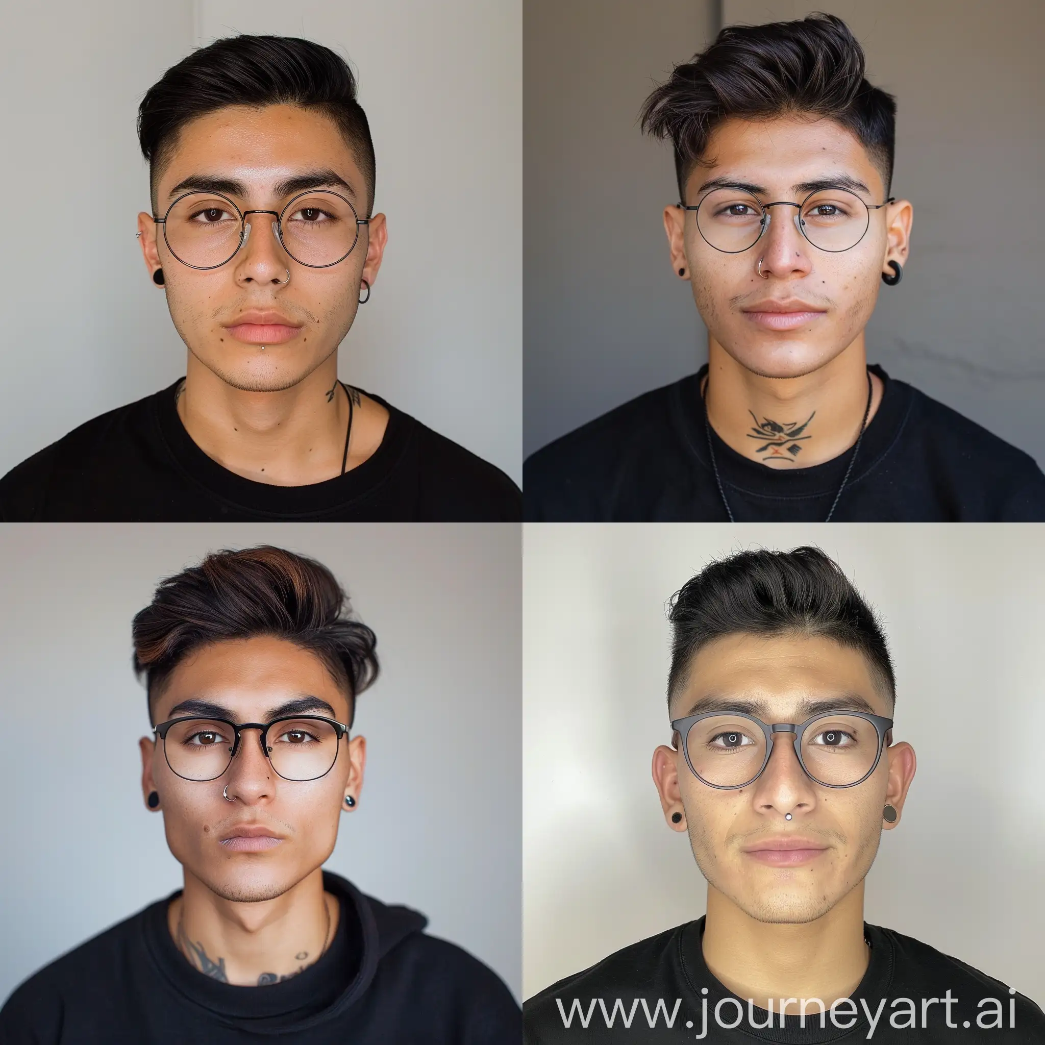 A handsome Mexican male, 19 years old, approximately 1.70cm tall, wearing a black hoddie who has medium short hair with glasses, a single side earring, a medium sized nose, medium sized brown eyes almost big with a mole under the left eye and with abundant eyebrow, small mouth with a white skin color.