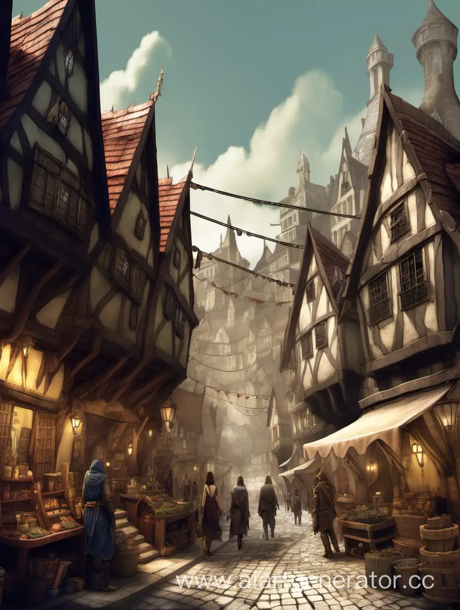 Concept art depicting a fantasy street where many adventurers and adventurers walk, there are houses and many shops on the street