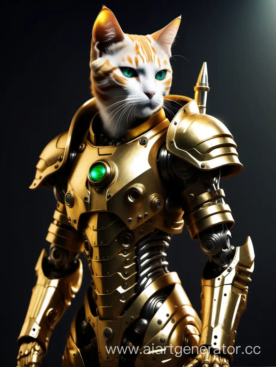 Humanoid cat in a golden power armor like adeptus kustodes