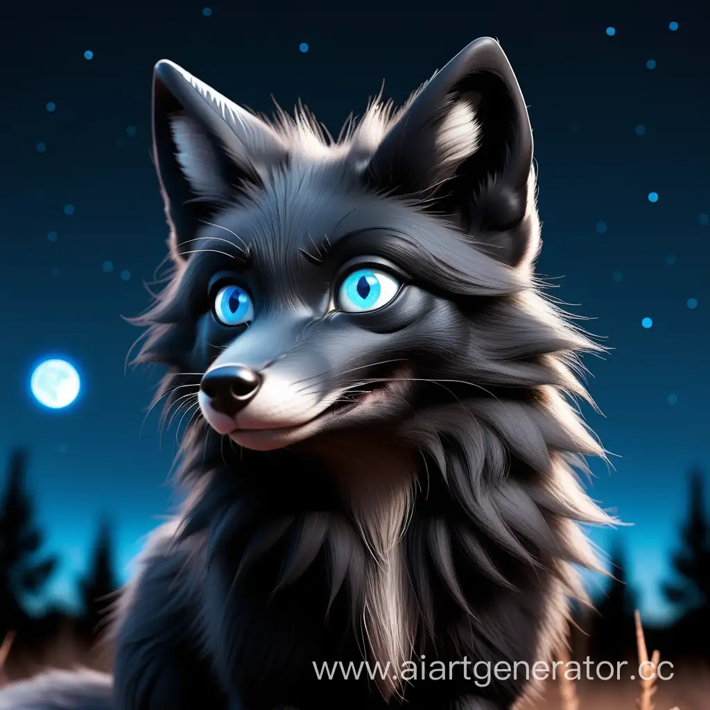 полностью чёрная лиса с голубыми глазами с фоном ночное небо