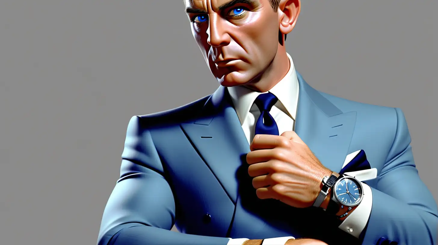 James bond in blue suit wearing a wrist watch
