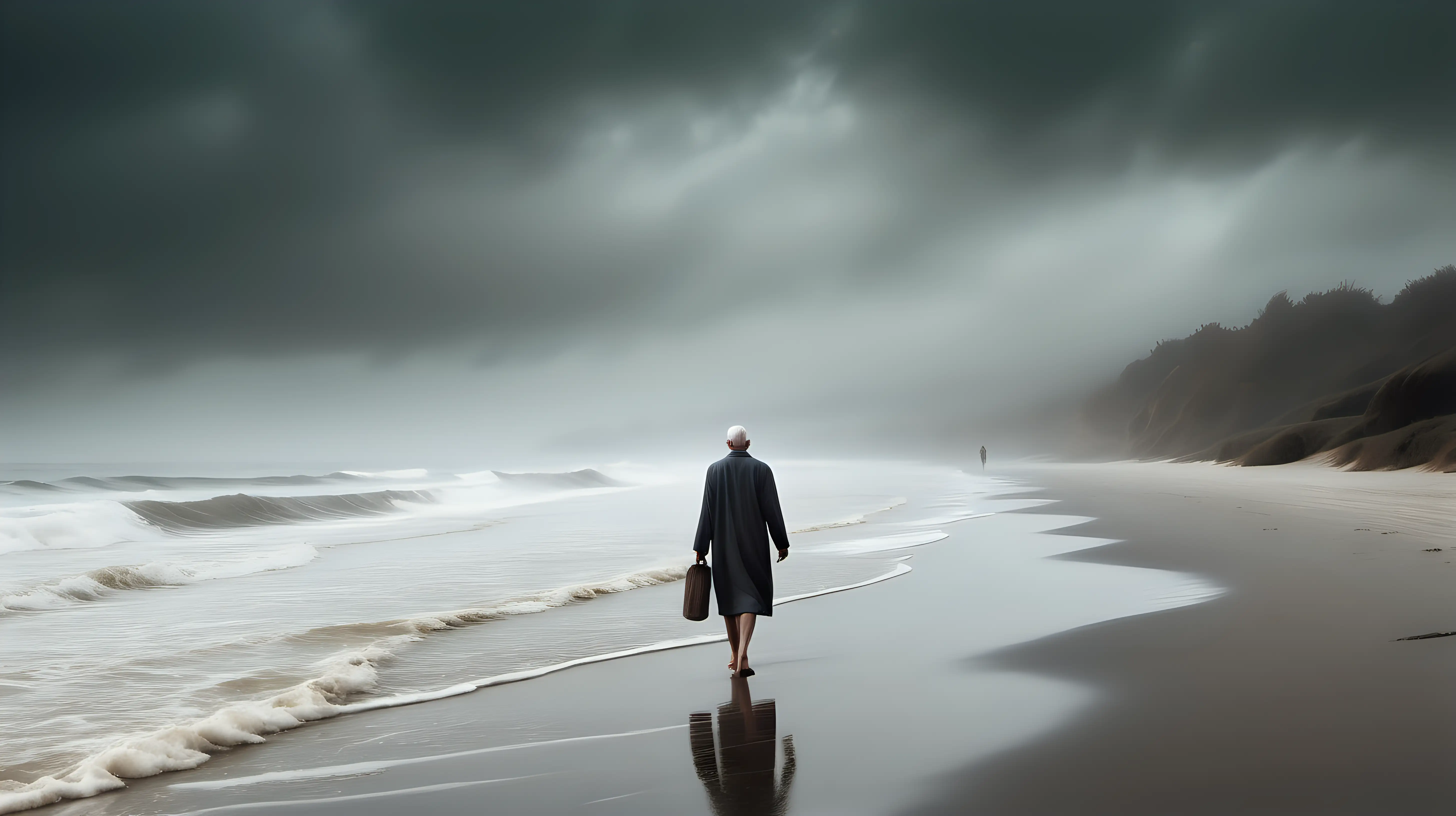 create a passionate, evocative image of a humble person walking along a beach.