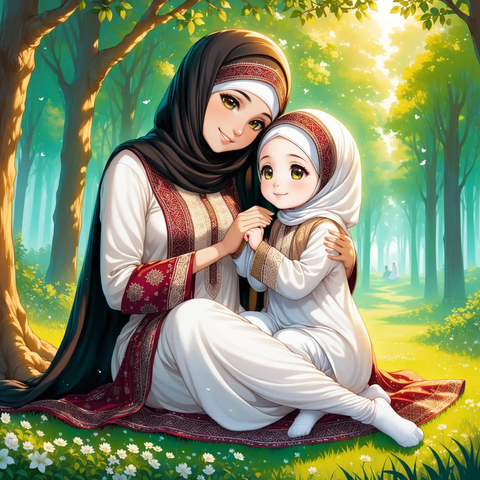 Character Persian girl(full height, Muslim, with emphasis no hair out of veil(Hijab), smaller eyes, bigger nose, white skin, cute, smiling, wearing socks, clothes full of Persian designs) named Fatemeh. Fatemeh is sitting kissing the hand of her mother politely, loose clothing.

Atmosphere forest, grass flowers, etc...