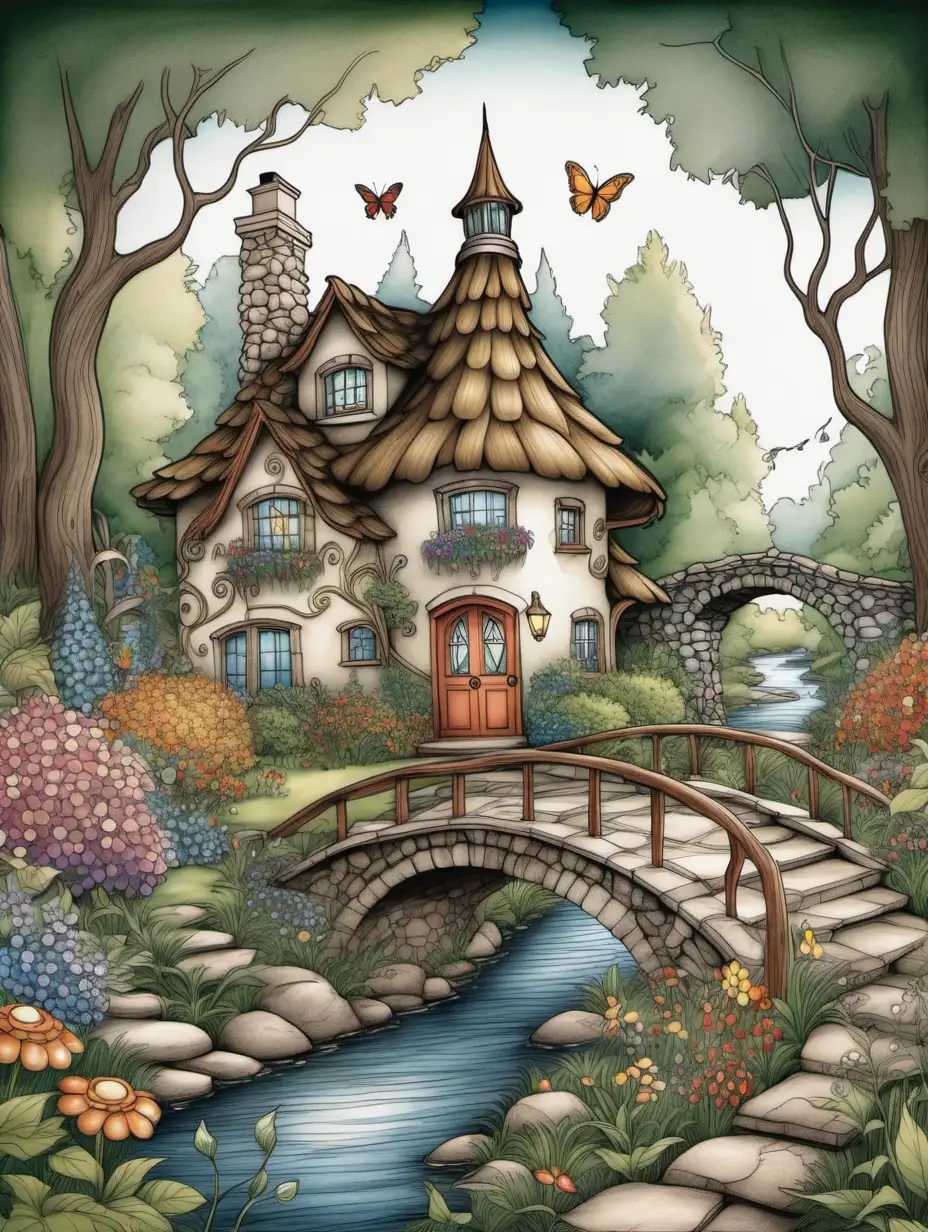 Create an intricate and enchanting line drawing of a storybook cottage nestled in a whimsical forest setting. The cottage should have charming details such as a thatched roof, climbing vines, and colorful flowers adorning the windowsills. Surrounding the cottage, depict towering trees with twisting branches, a stone bridge over a babbling brook, and patches of wildflowers.  The scene should evoke a sense of tranquility and whimsy, inviting viewers to escape into a fairy tale world as they color.