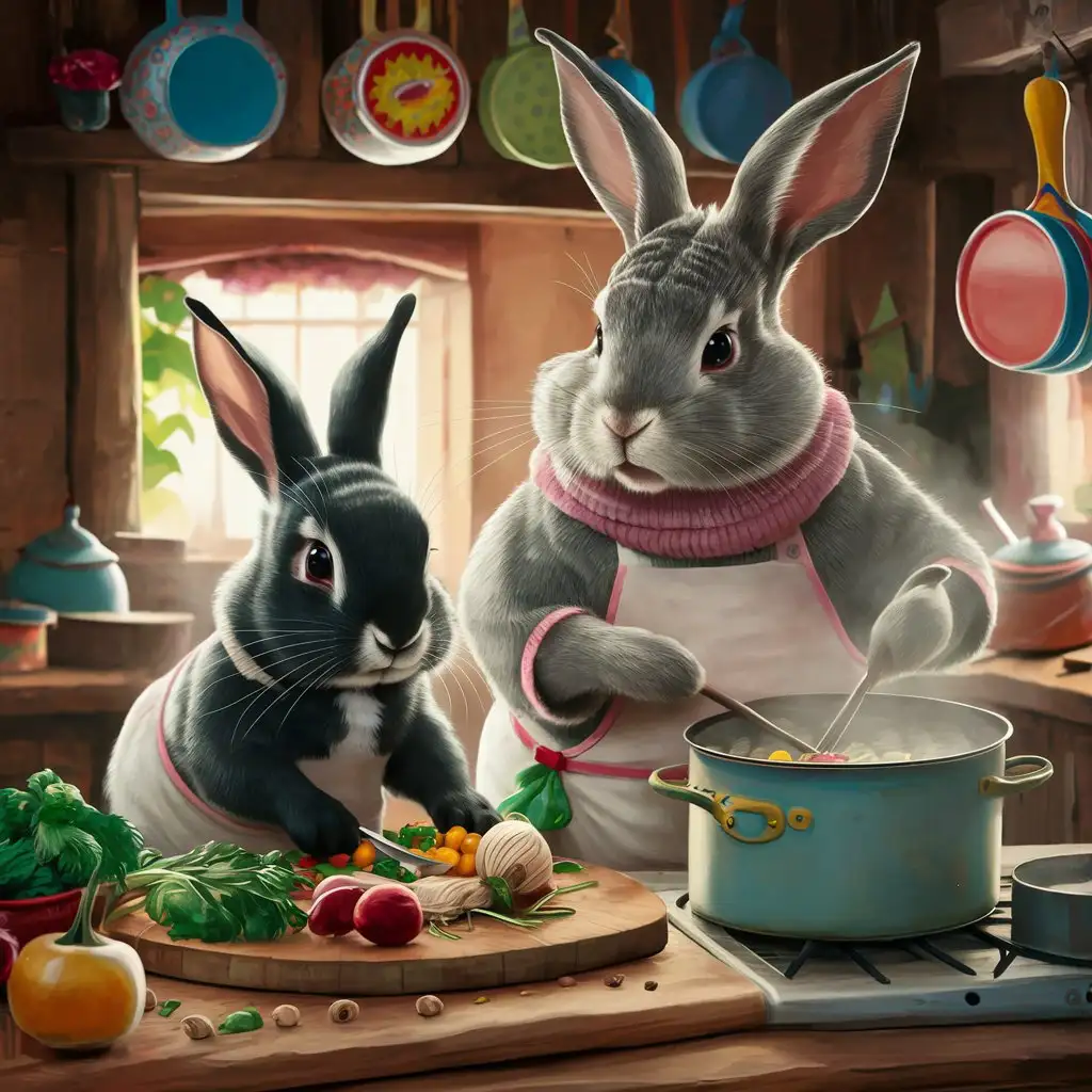 Two rabbits, one black with a prominent white stripe running down its chin, and a slightly larger gray rabbit with drooping and erect ears,Prepare food in their kitchen